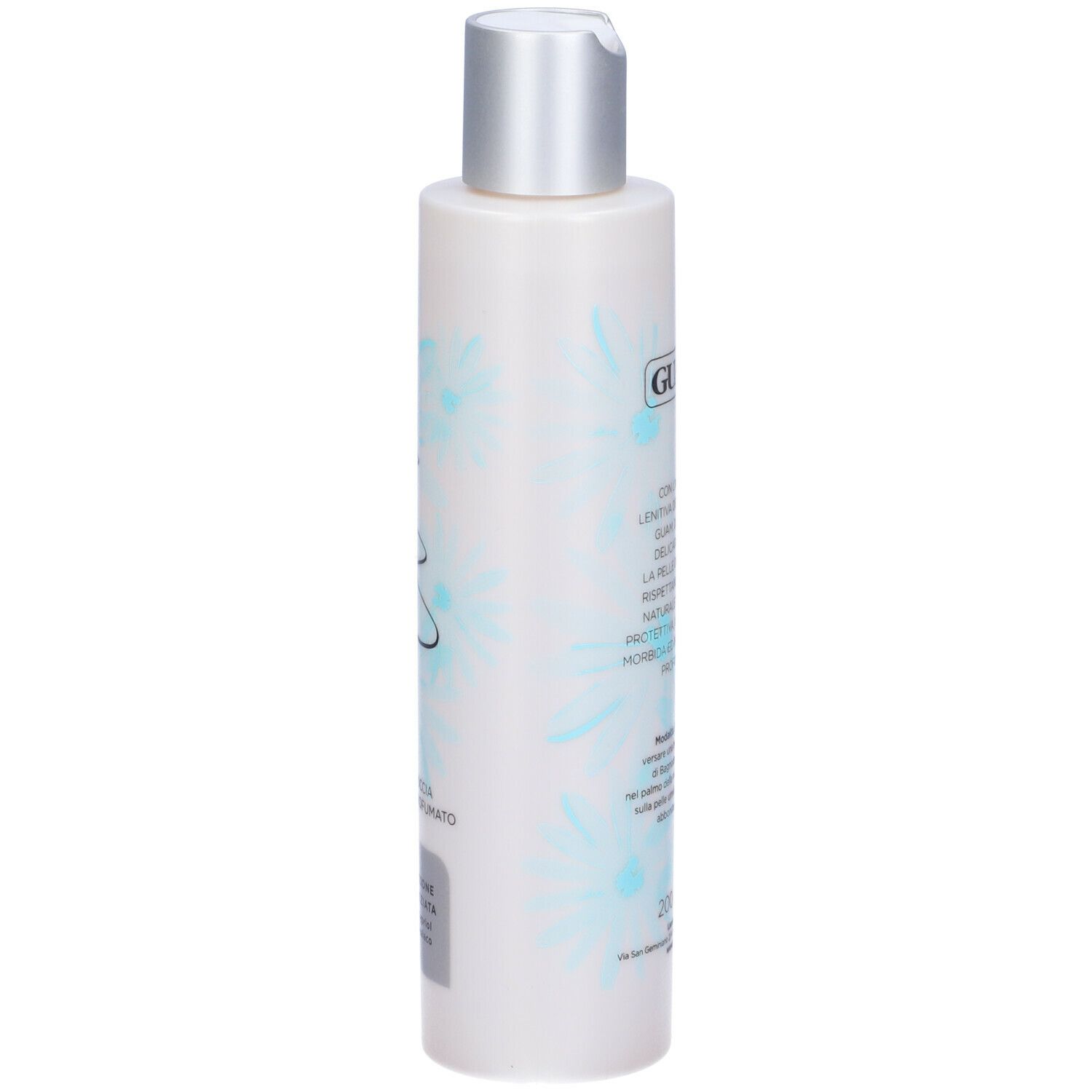 GUAM® Wave Bagnodoccia. Flacone bianco con tappo argentato. Testo e motivo floreale. 200 ml.