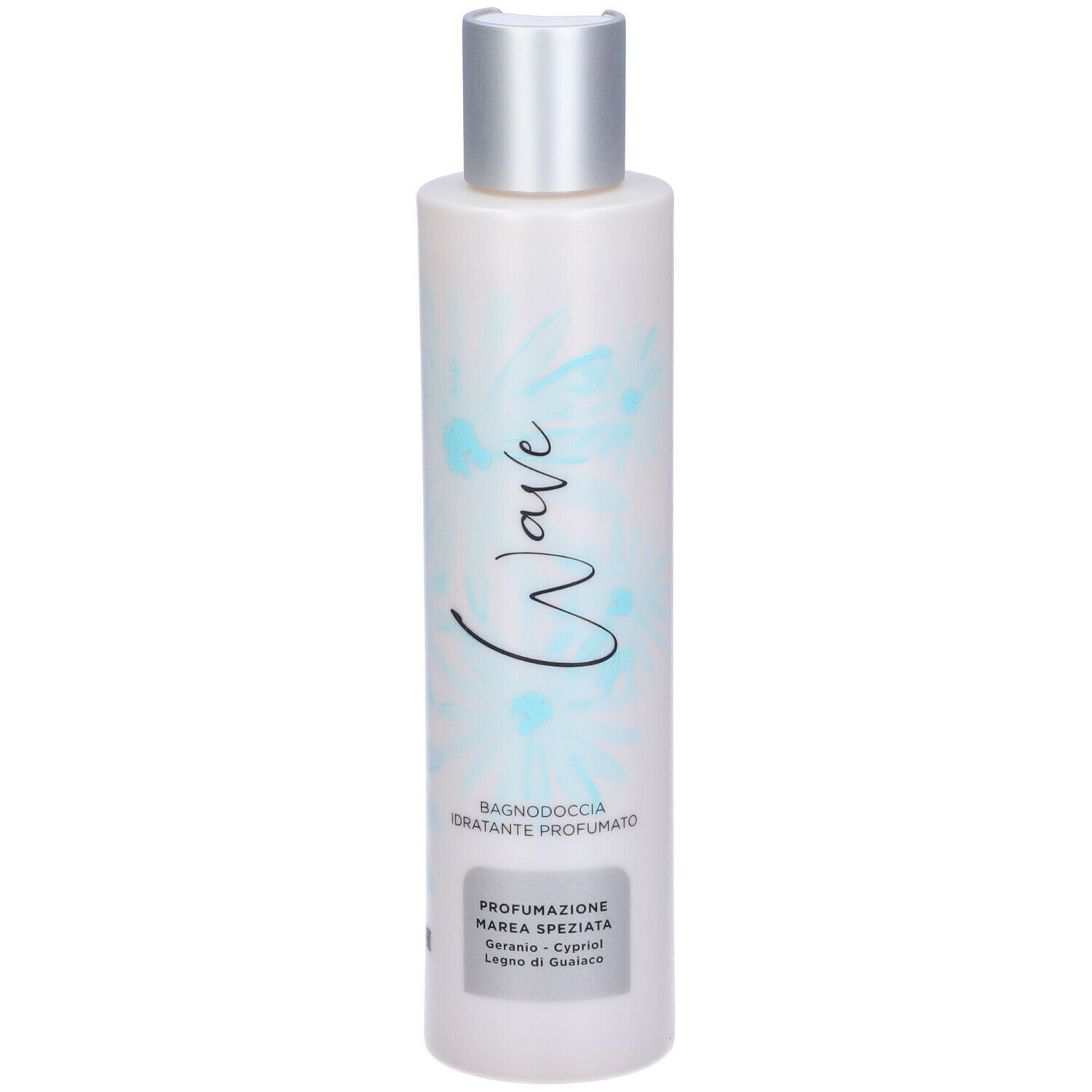 GUAM® Wave Bagnodoccia. Flacone bianco con tappo argentato. Testo e motivo floreale. 200 ml.
