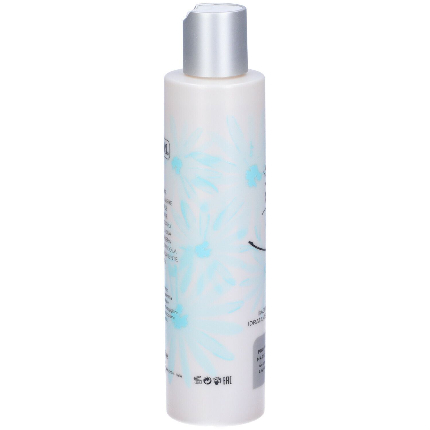 GUAM® Wave Bagnodoccia. Flacone bianco con tappo argentato. Testo e motivo floreale. 200 ml.
