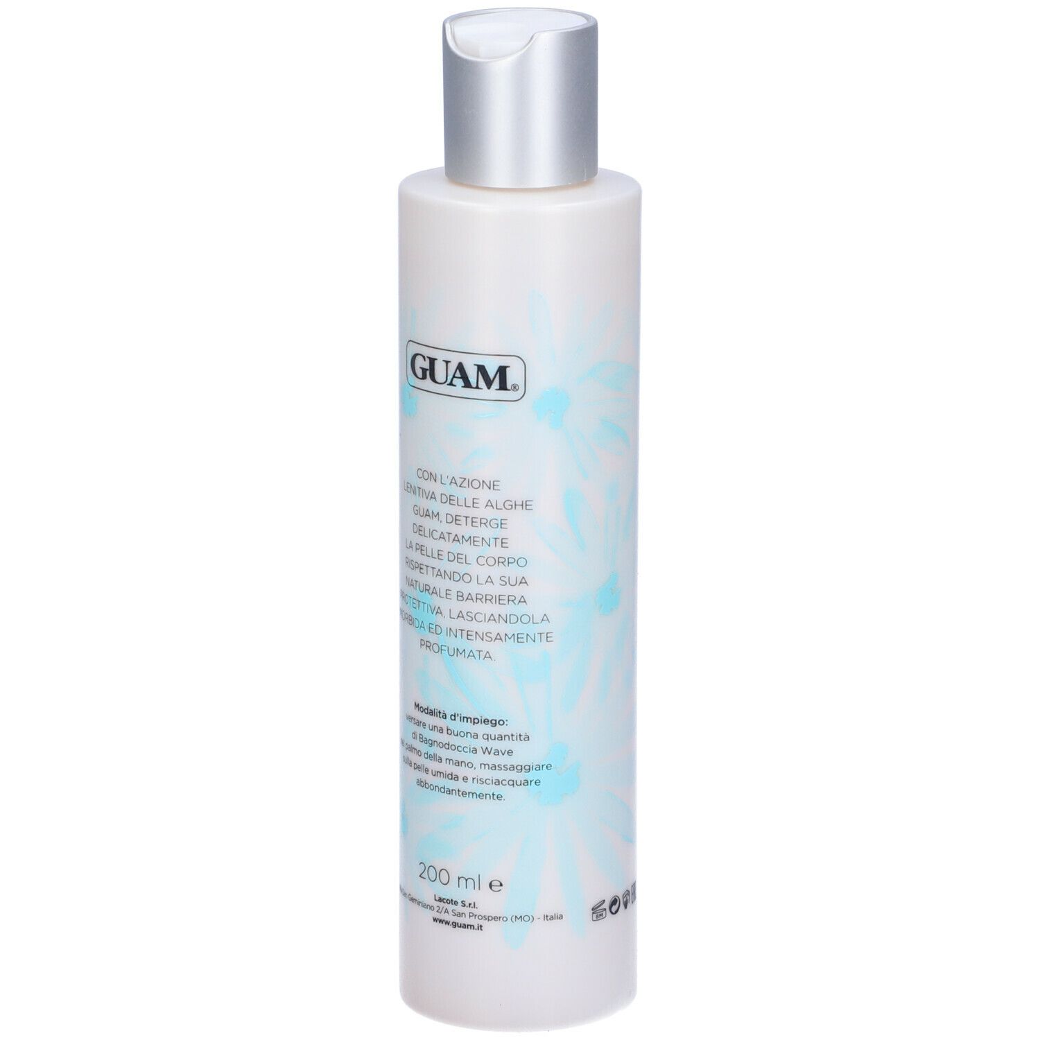 GUAM® Wave Bagnodoccia. Flacone bianco con tappo argentato. Testo e motivo floreale. 200 ml.
