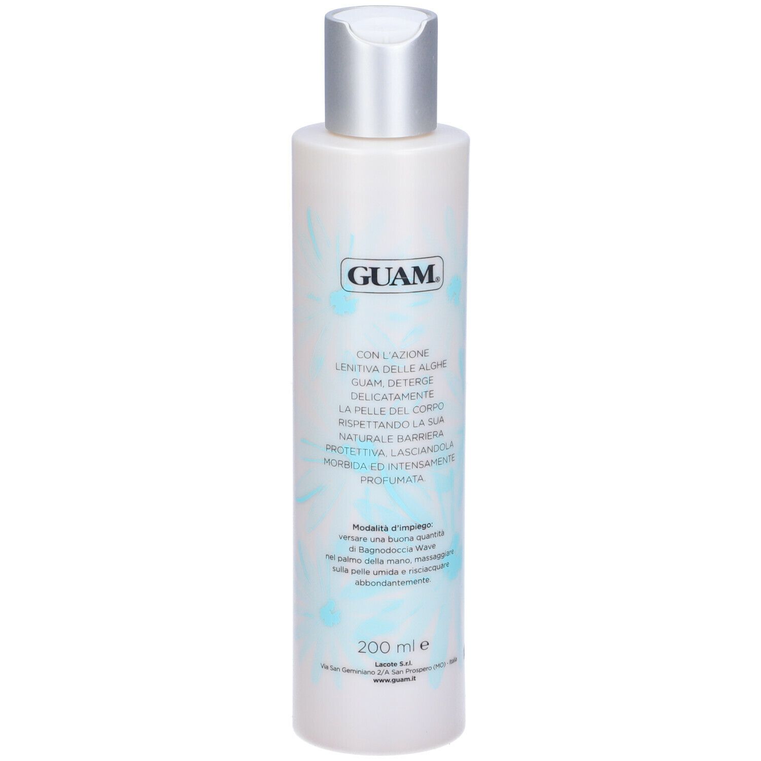 GUAM® Wave Bagnodoccia. Flacone bianco con tappo argentato. Testo e motivo floreale. 200 ml.