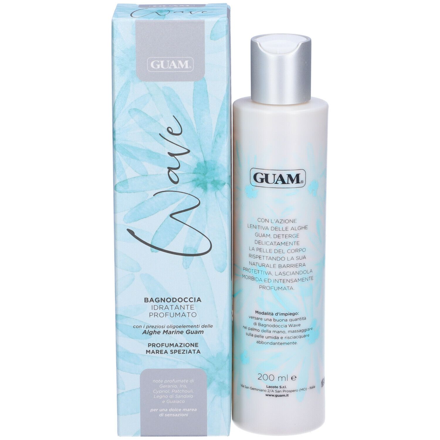 GUAM® Wave Bagnodoccia. Flacone bianco con tappo argentato e scatola. Scritta Wave e GUAM. Confezione con motivo floreale. 200 ml.