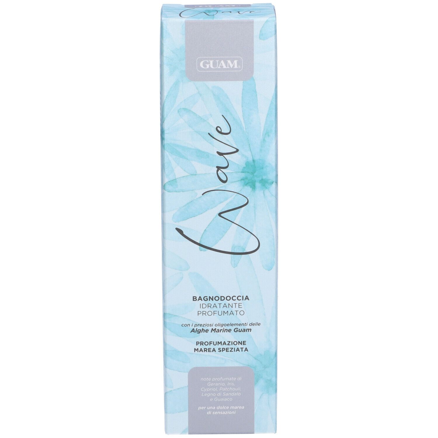 GUAM® Wave Bagnodoccia. Confezione alta e stretta con motivo floreale. Scritta Wave e GUAM. Testo: Bagnodoccia.