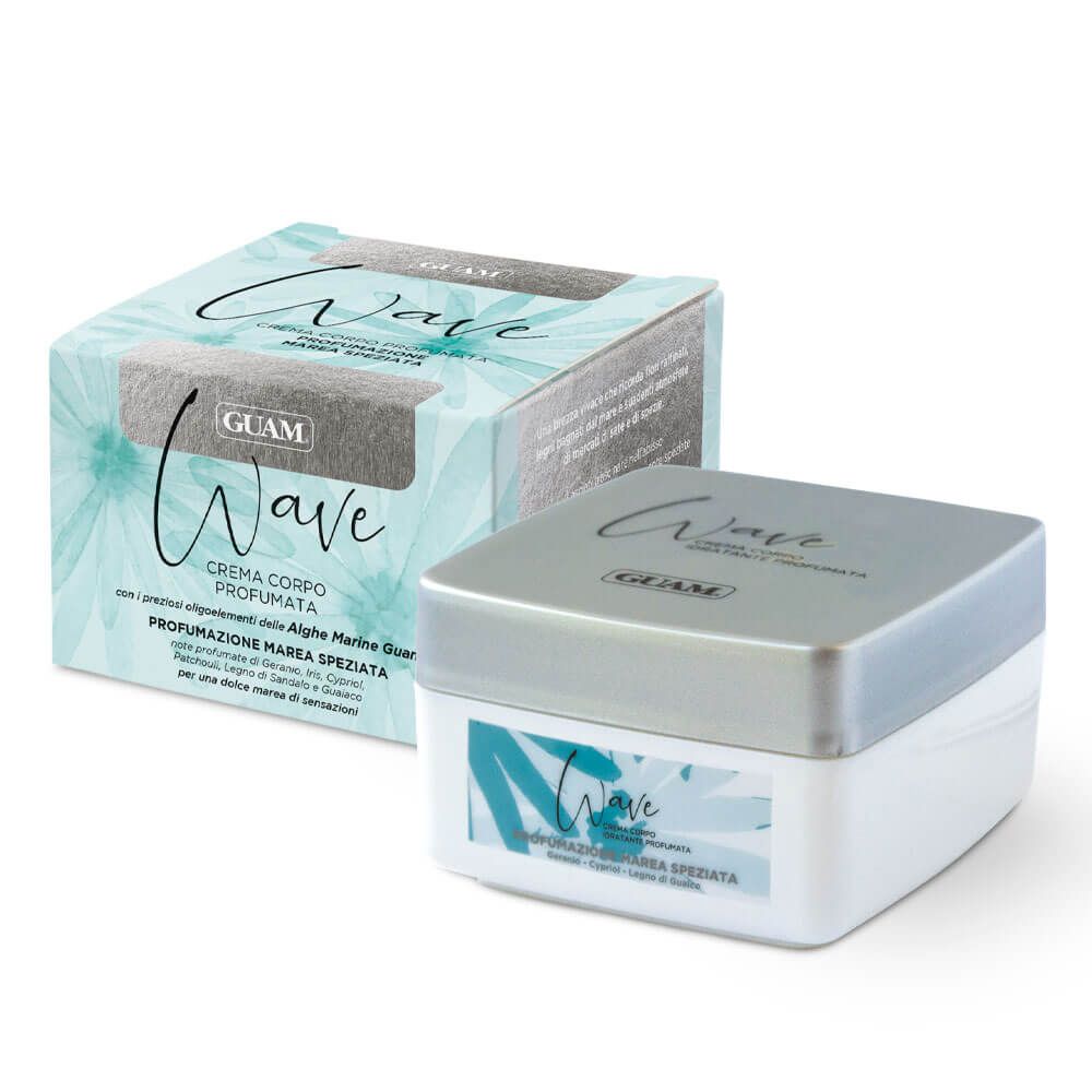 Barattolo e confezione crema. Scritta Wave, GUAM. Testo: Crema Corpo Profumata. Confezione con motivo floreale.