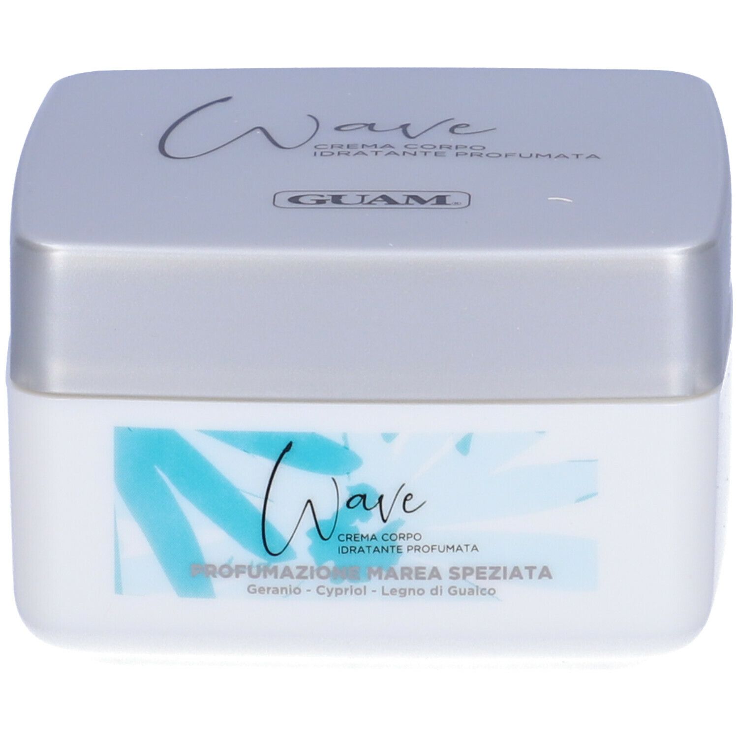 Barattolo di crema bianco con coperchio argentato. Scritta Wave, GUAM. Testo: Crema Corpo Idratante Profumata. Grafica blu.