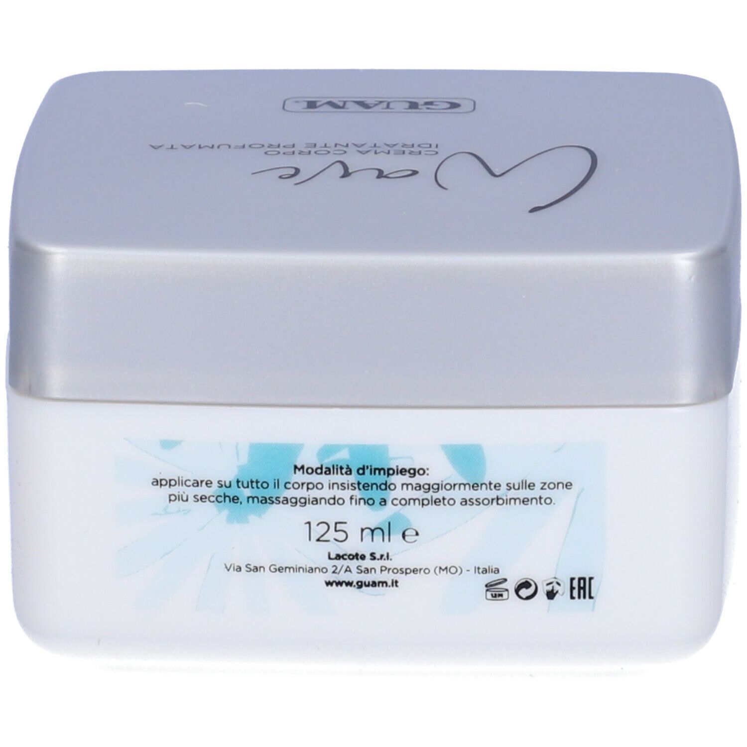 Barattolo di crema bianco con coperchio argentato. Scritta Wave, GUAM. Testo: Crema Corpo Idratante Profumata. Testo: 125 ml.