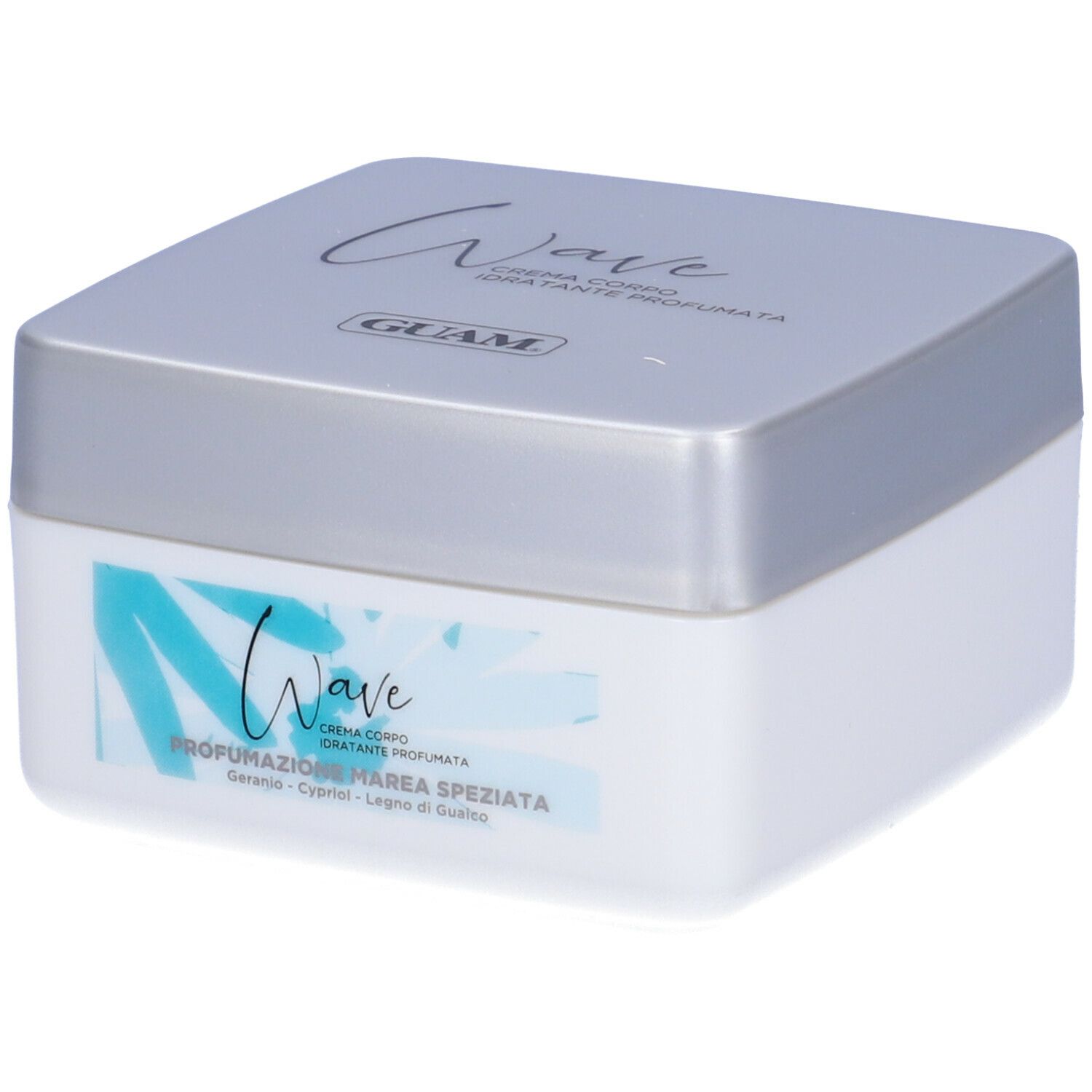 Barattolo di crema bianco con coperchio argentato. Scritta Wave, GUAM. Testo: Crema Corpo Idratante Profumata. Grafica blu.