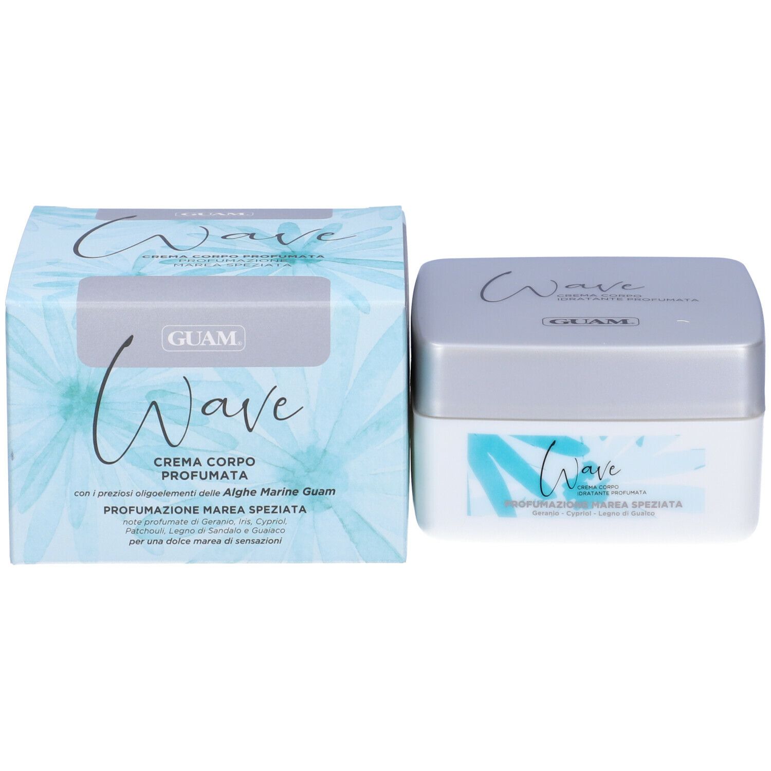 Barattolo di crema e confezione. Scritta Wave, GUAM. Testo: Crema Corpo Profumata. Confezione con motivo floreale.