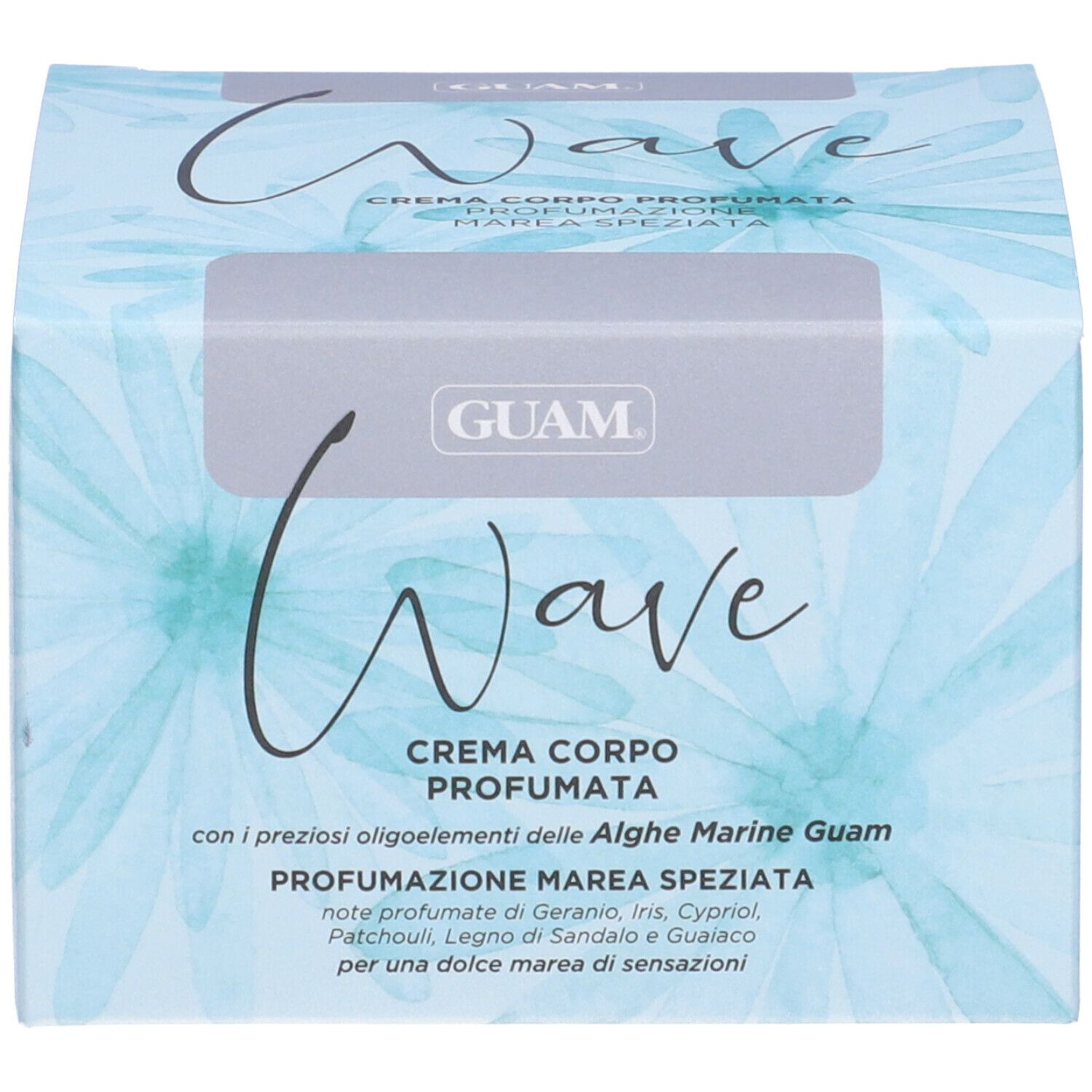 Confezione. Scritta Wave, GUAM. Testo: Crema Corpo Profumata. Testo: Profumazione Marea Speziata. Motivo floreale.