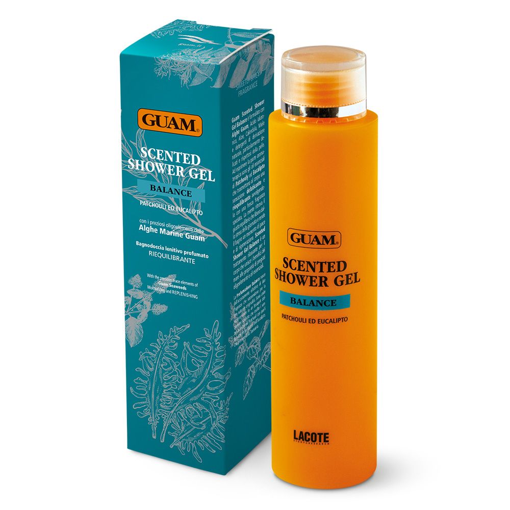 GUAM Scented Shower Gel Balance. Flacone arancione con tappo bianco e confezione blu. Testo: GUAM, Scented Shower Gel, Balance.