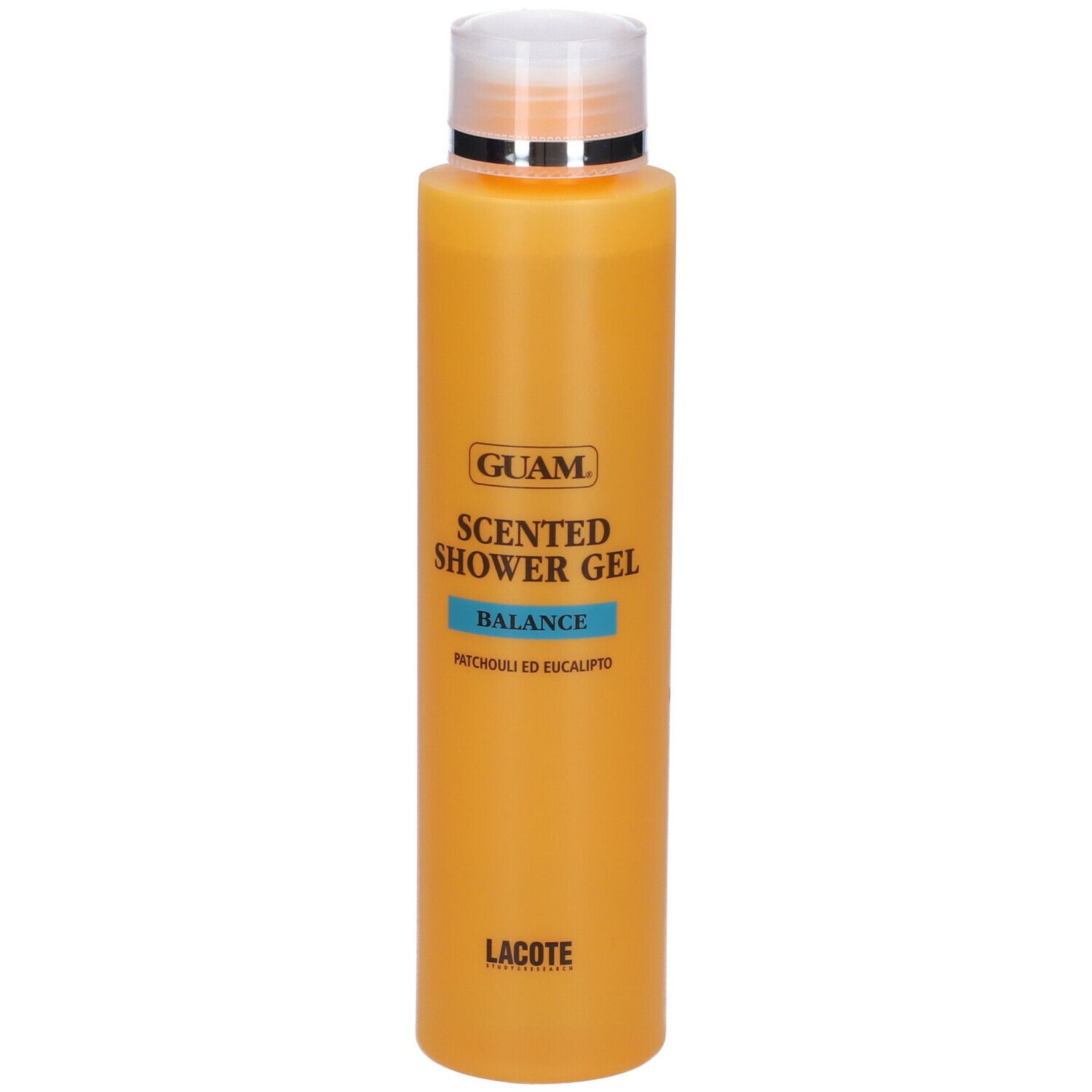 GUAM Scented Shower Gel Balance. Flacone arancione con tappo bianco. Testo: GUAM, Scented Shower Gel, Balance, Patchouli ed Eucalipto.