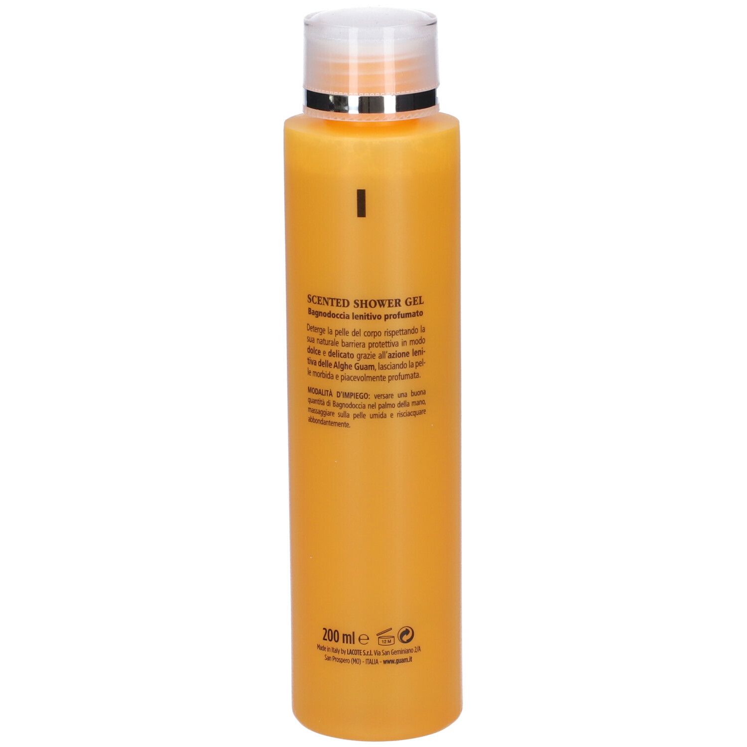 GUAM Scented Shower Gel Balance. Flacone arancione con tappo bianco. Testo: GUAM, Scented Shower Gel, Balance, Patchouli ed Eucalipto.