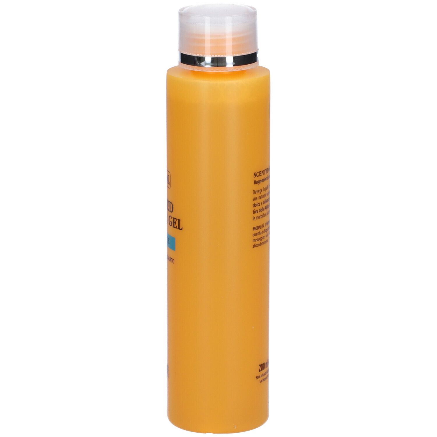 GUAM Scented Shower Gel Balance. Flacone arancione con tappo bianco. Testo: GUAM, Scented Shower Gel, Balance, Patchouli ed Eucalipto.