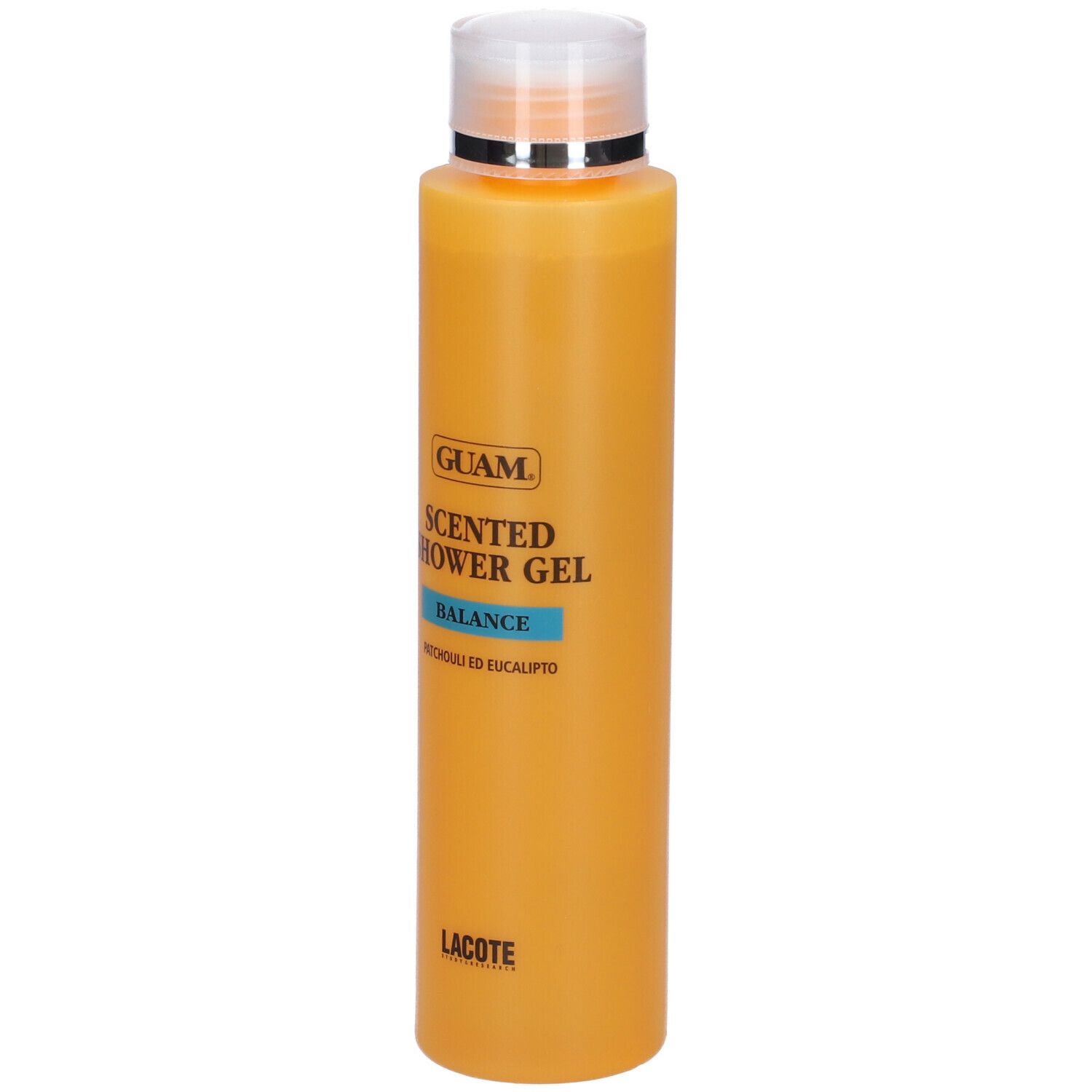 GUAM Scented Shower Gel Balance. Flacone arancione con tappo bianco. Testo: GUAM, Scented Shower Gel, Balance, Patchouli ed Eucalipto.