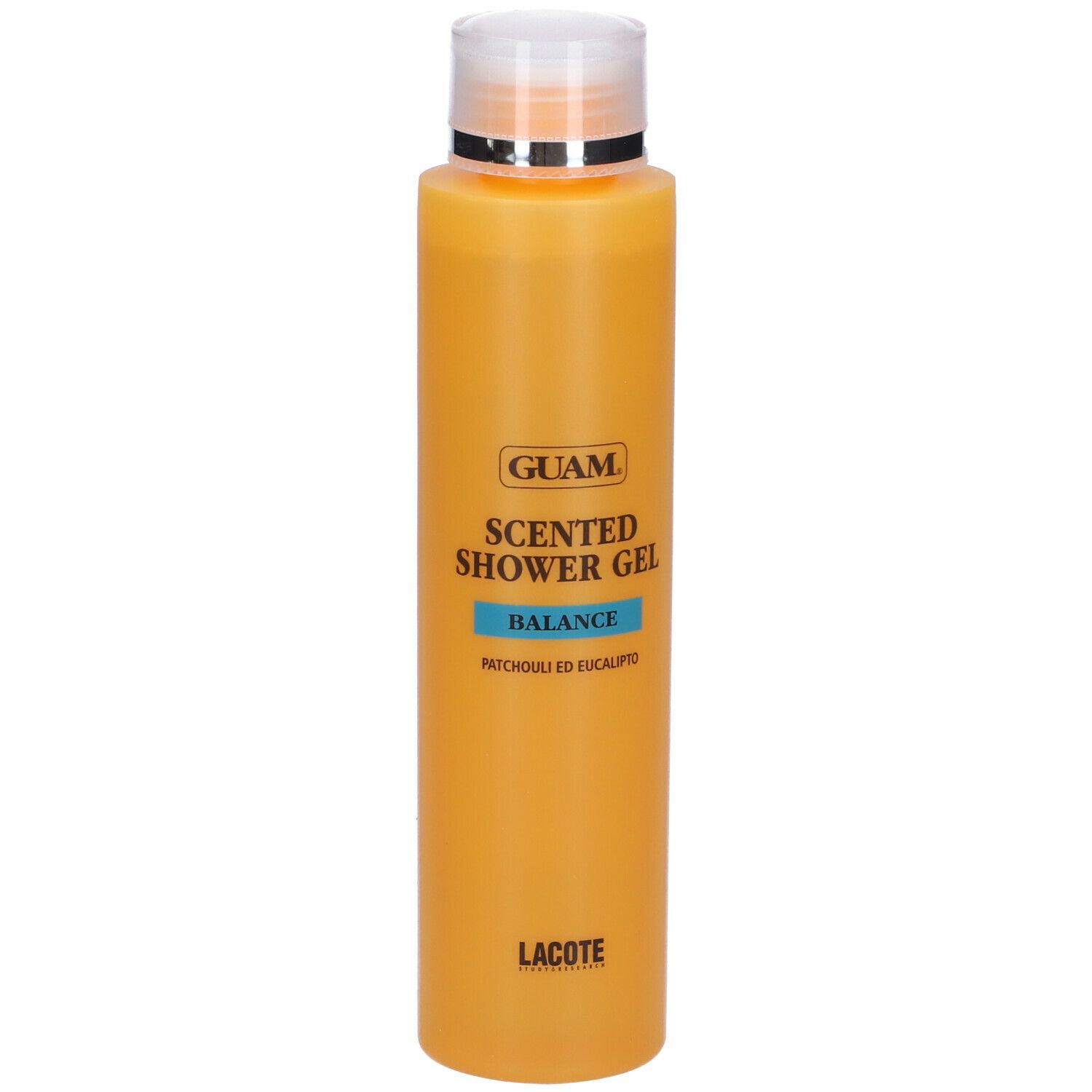 GUAM Scented Shower Gel Balance. Flacone arancione con tappo bianco. Testo: GUAM, Scented Shower Gel, Balance, Patchouli ed Eucalipto.