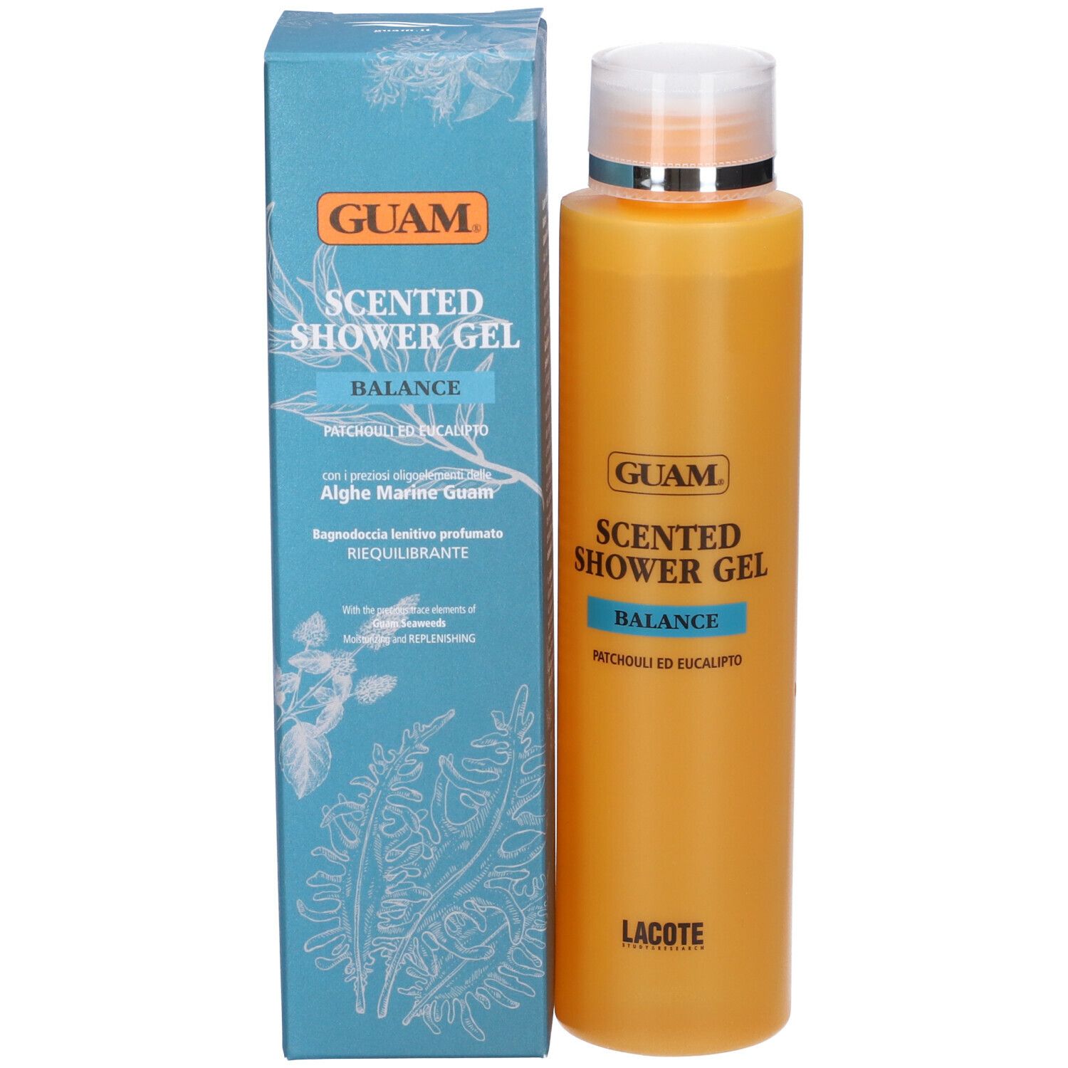 GUAM Scented Shower Gel Balance. Flacone arancione con tappo bianco e confezione blu. Testo: GUAM, Scented Shower Gel, Balance.