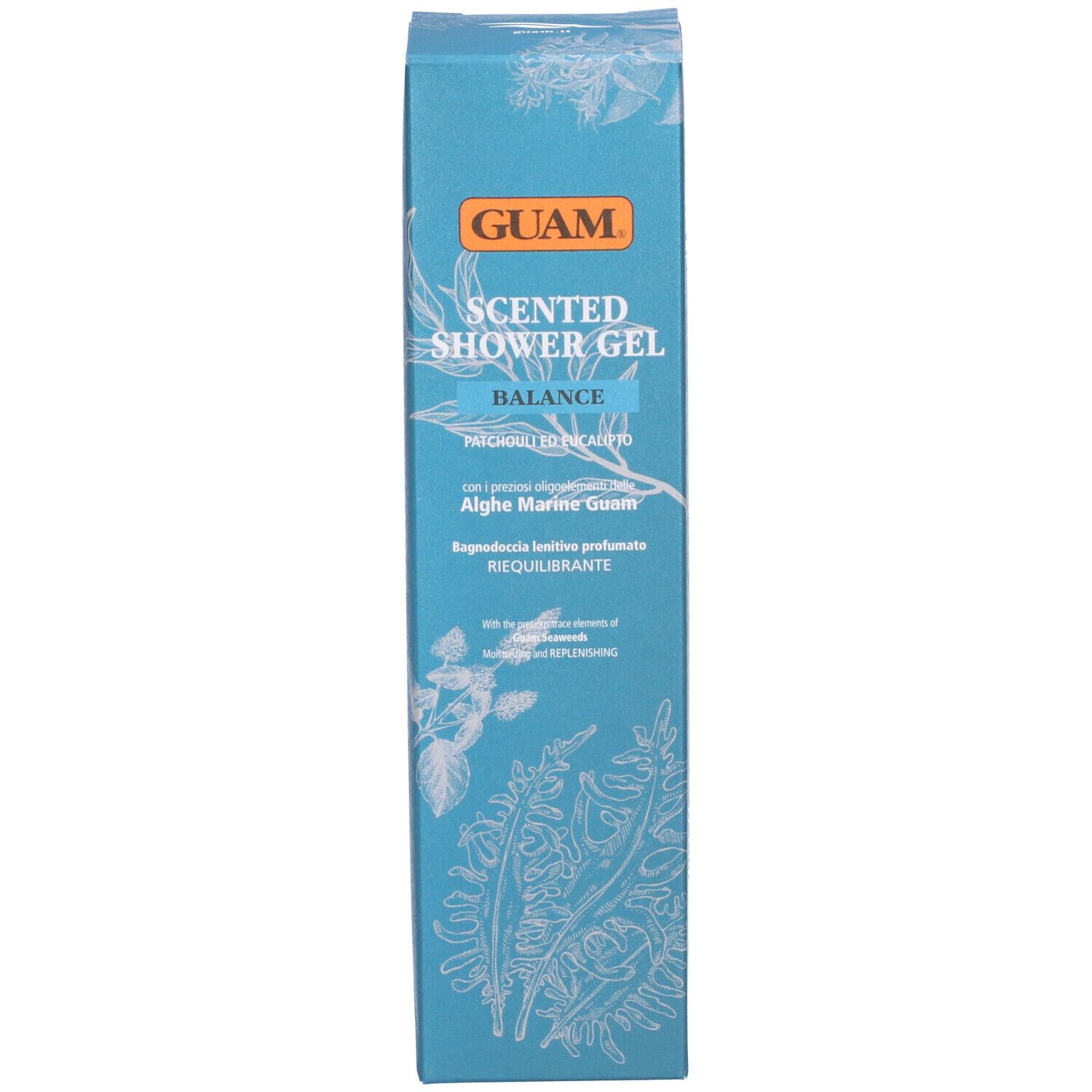 Confezione blu. Testo: GUAM, Scented Shower Gel, Balance, Patchouli ed Eucalipto, Alga Marine Guam.