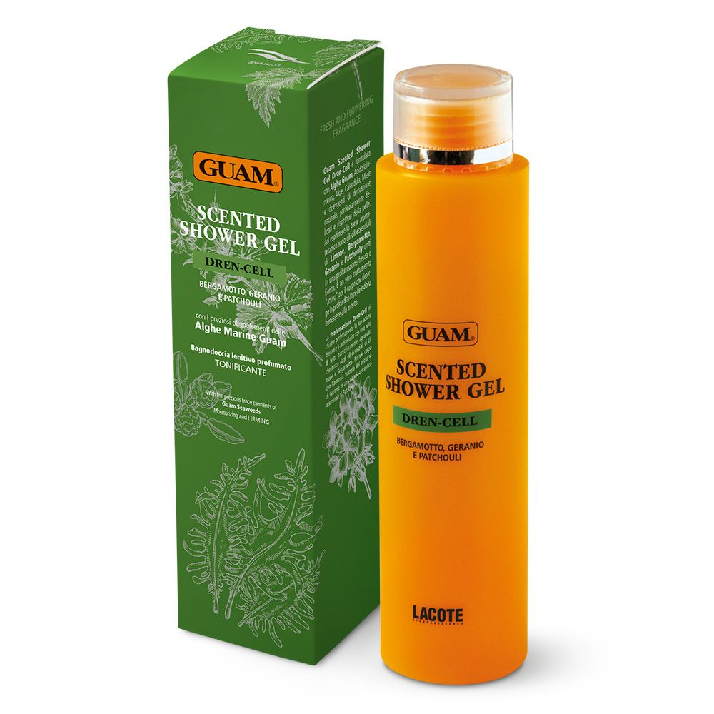 GUAM Scented Shower Gel Dren-cell. Flacone arancione con scatola verde. Nomi dei prodotti e ingredienti visibili.
