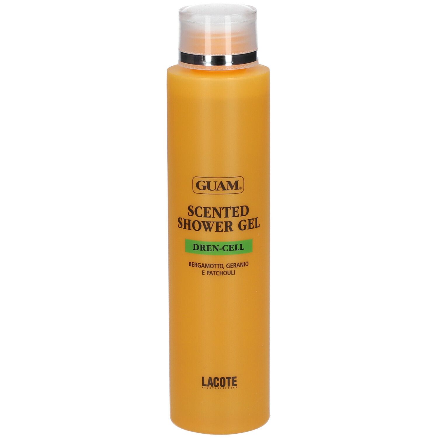 GUAM Scented Shower Gel Dren-cell. Flacone arancione con tappo argentato. Nomi e ingredienti visibili.