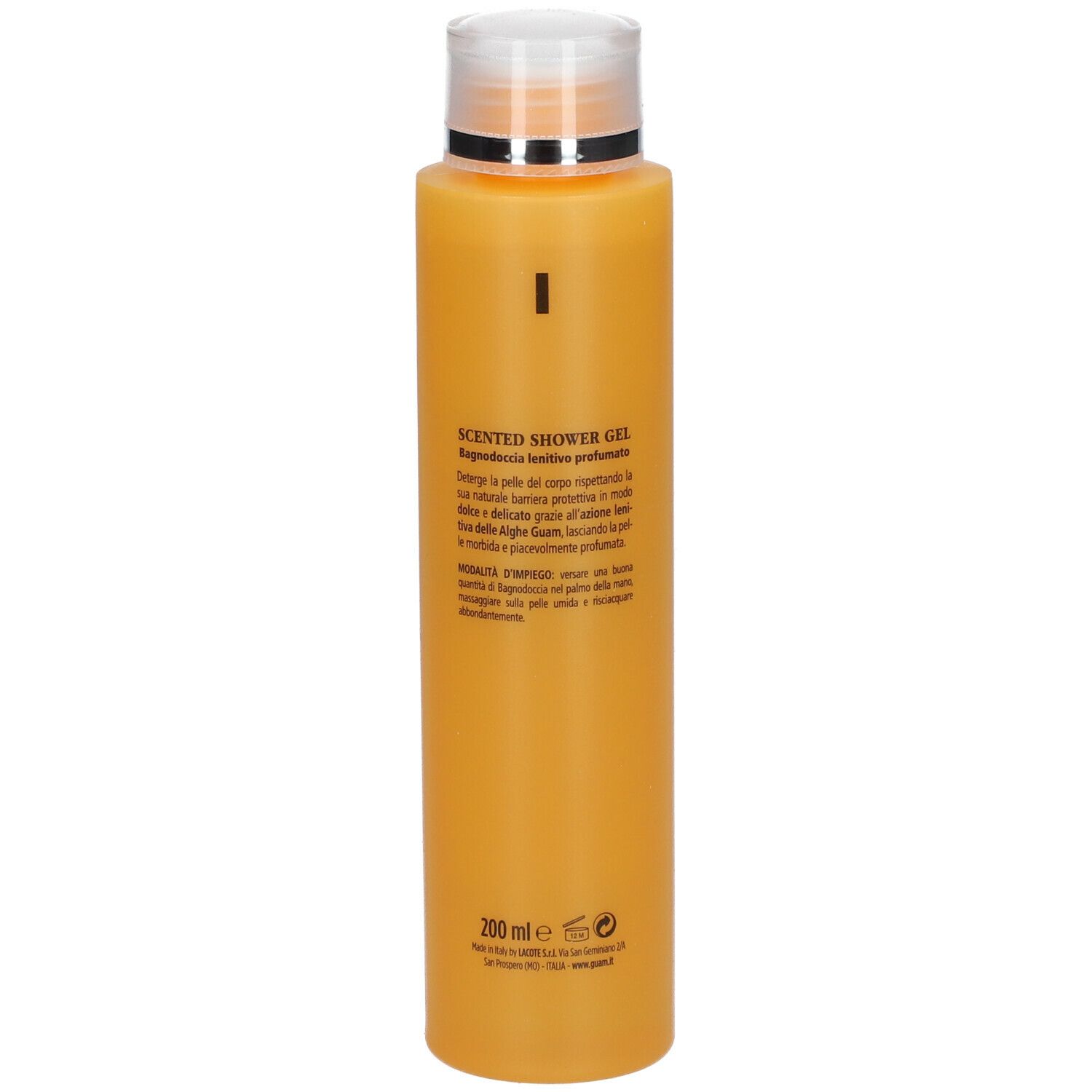 GUAM Scented Shower Gel Dren-cell. Flacone arancione con testo. Nomi e ingredienti visibili.