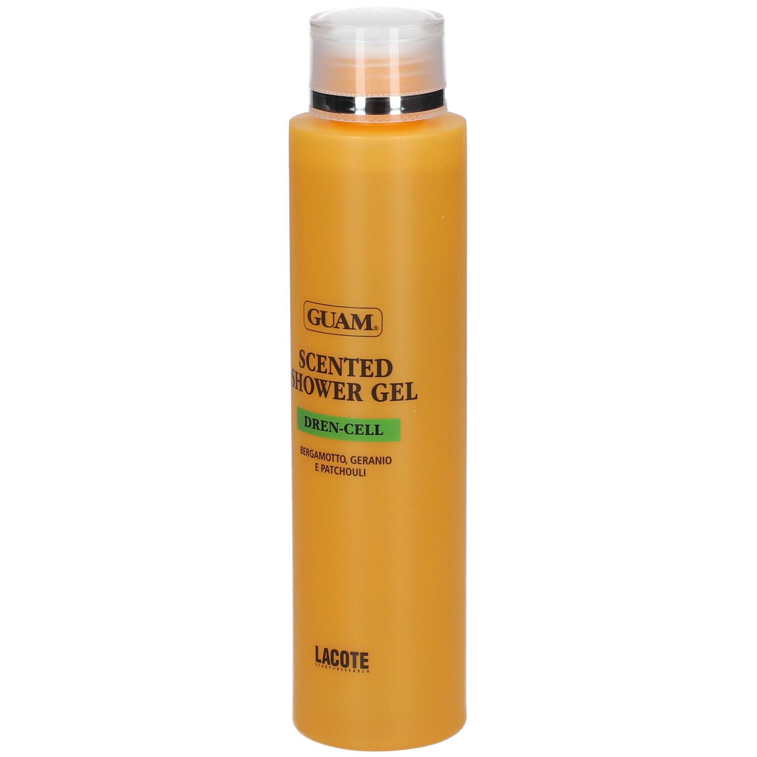 GUAM Scented Shower Gel Dren-cell. Flacone arancione. Nomi e ingredienti visibili.