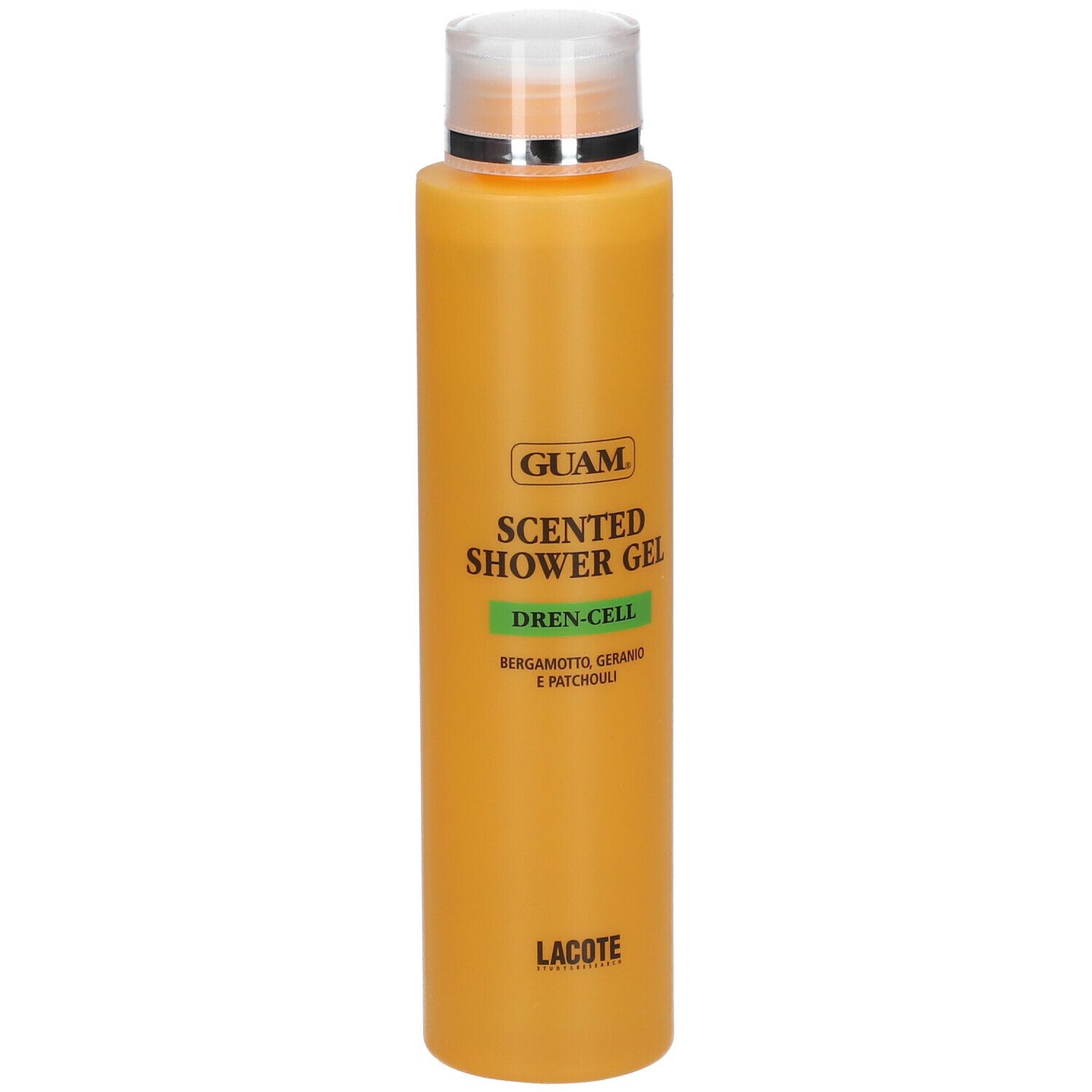 GUAM Scented Shower Gel Dren-cell. Flacone arancione. Nomi e ingredienti visibili.