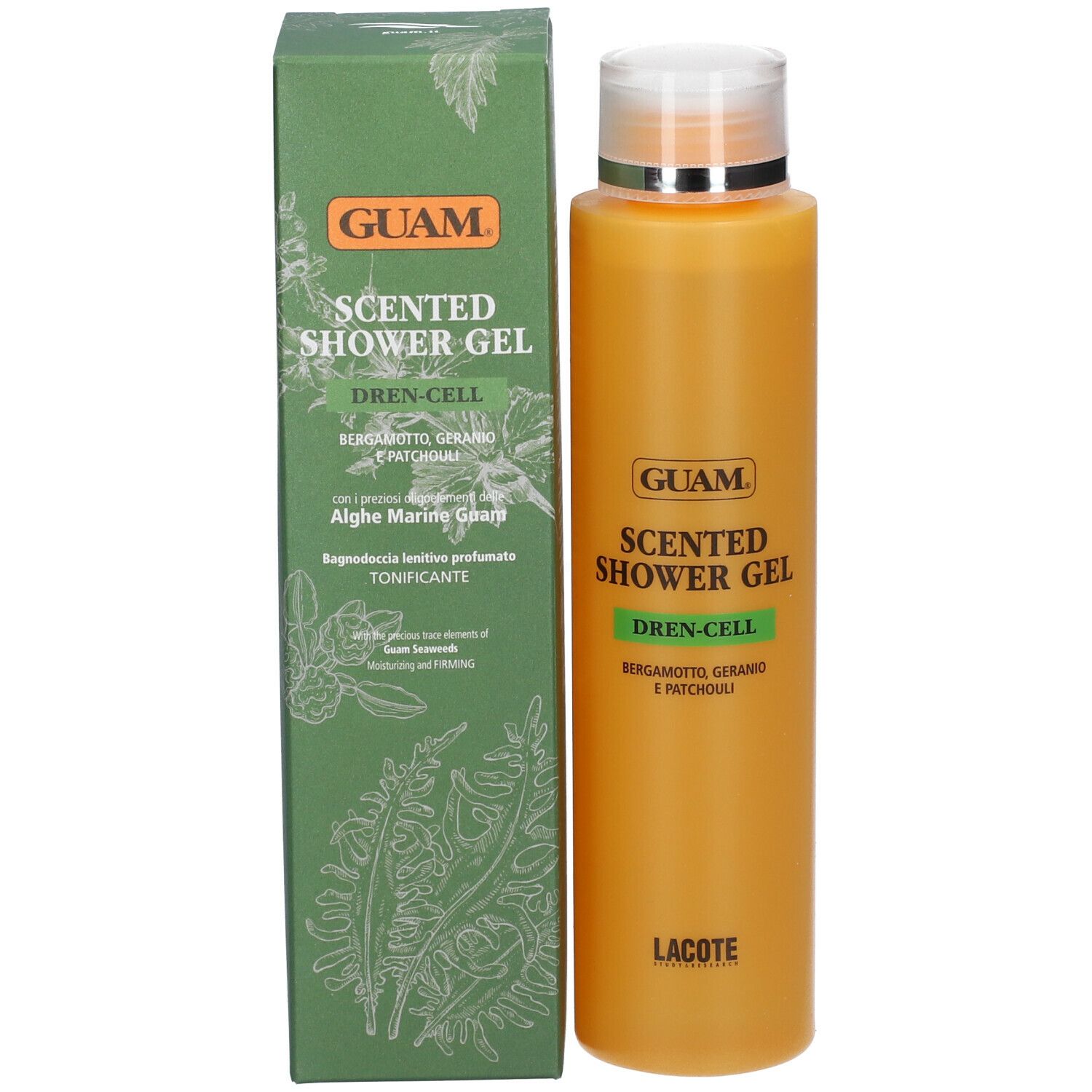 GUAM Scented Shower Gel Dren-cell. Flacone arancione con scatola verde. Nomi e ingredienti visibili.