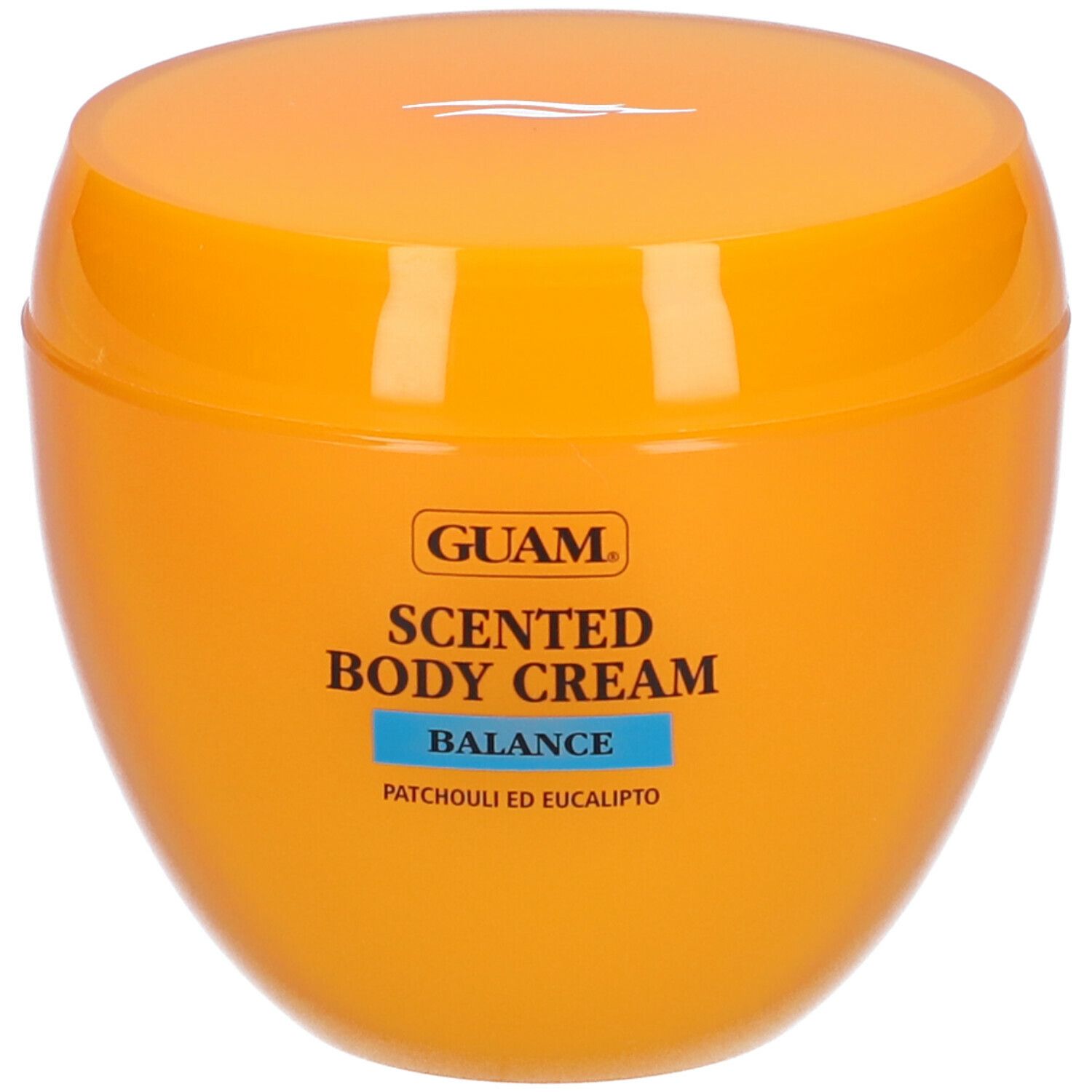 Vaso arancione con coperchio. Scritta: GUAM Scented Body Cream Balance. Patchouli ed Eucalipto.