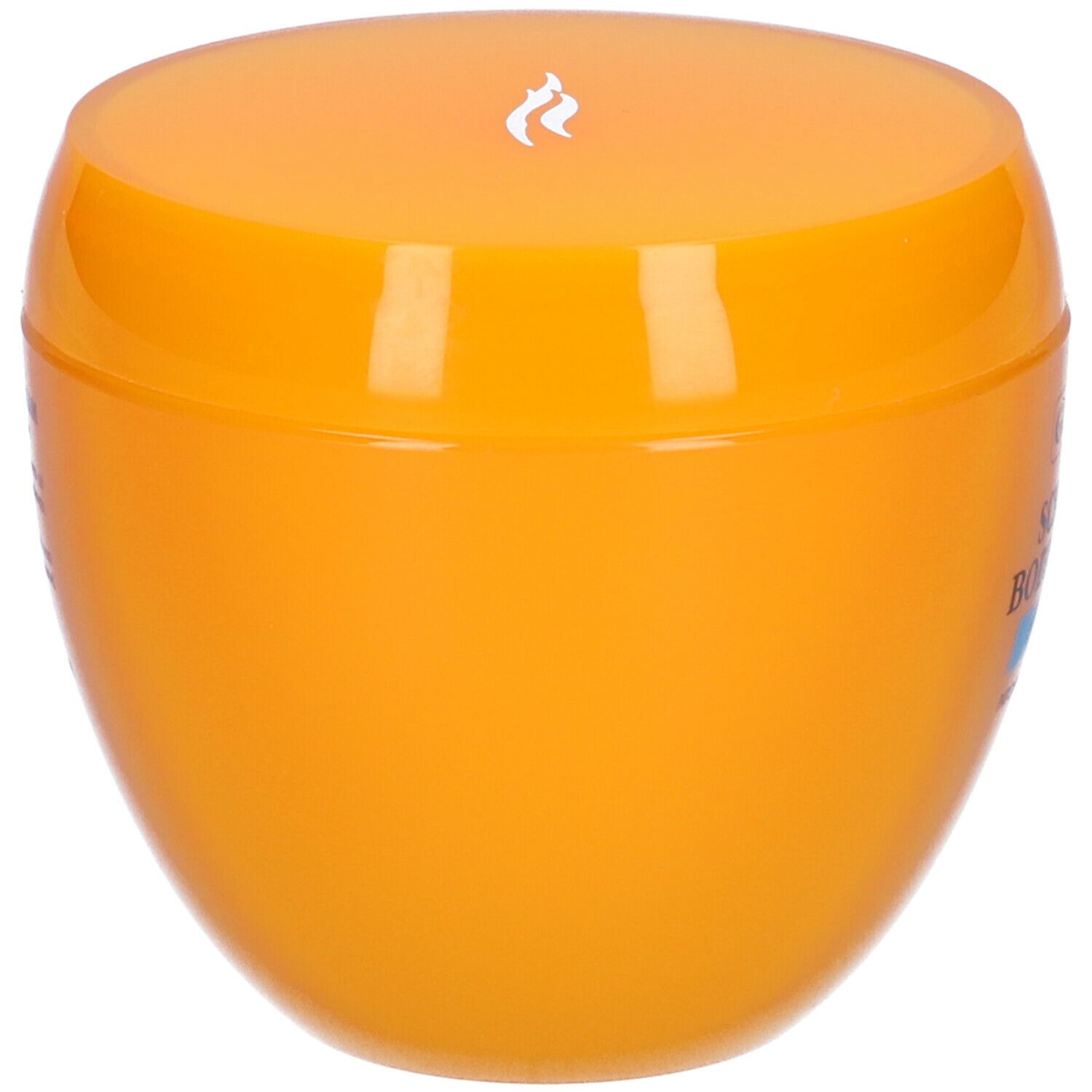Vaso arancione con coperchio. Scritta: GUAM Scented Body Cream Balance. Patchouli ed Eucalipto.