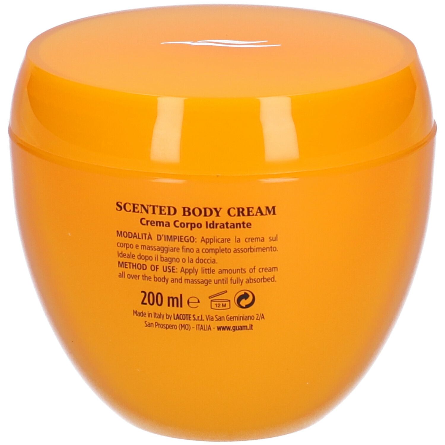 Vaso arancione con coperchio. Scritta: GUAM Scented Body Cream. Testo in italiano.