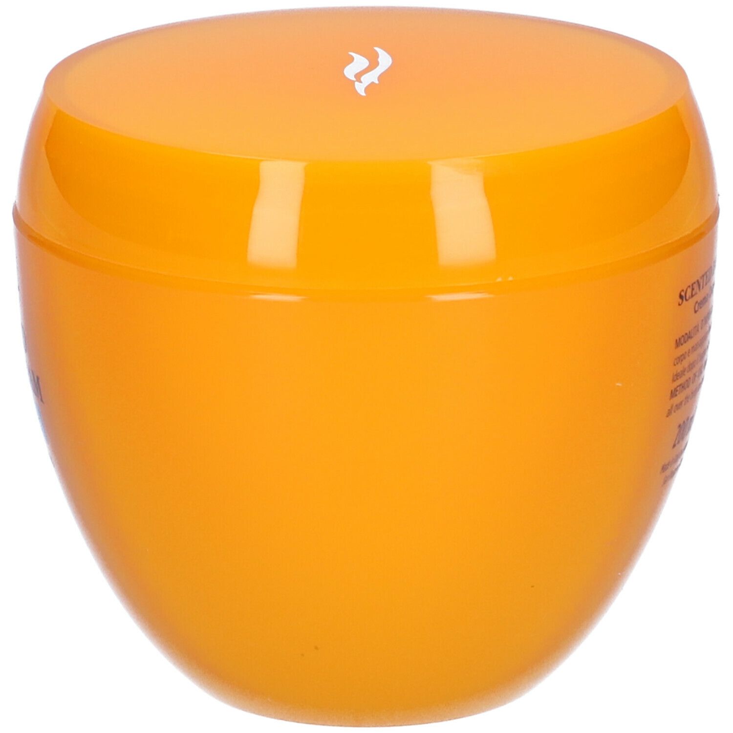 Vaso arancione con coperchio. Scritta: GUAM Scented Body Cream. Testo in italiano.