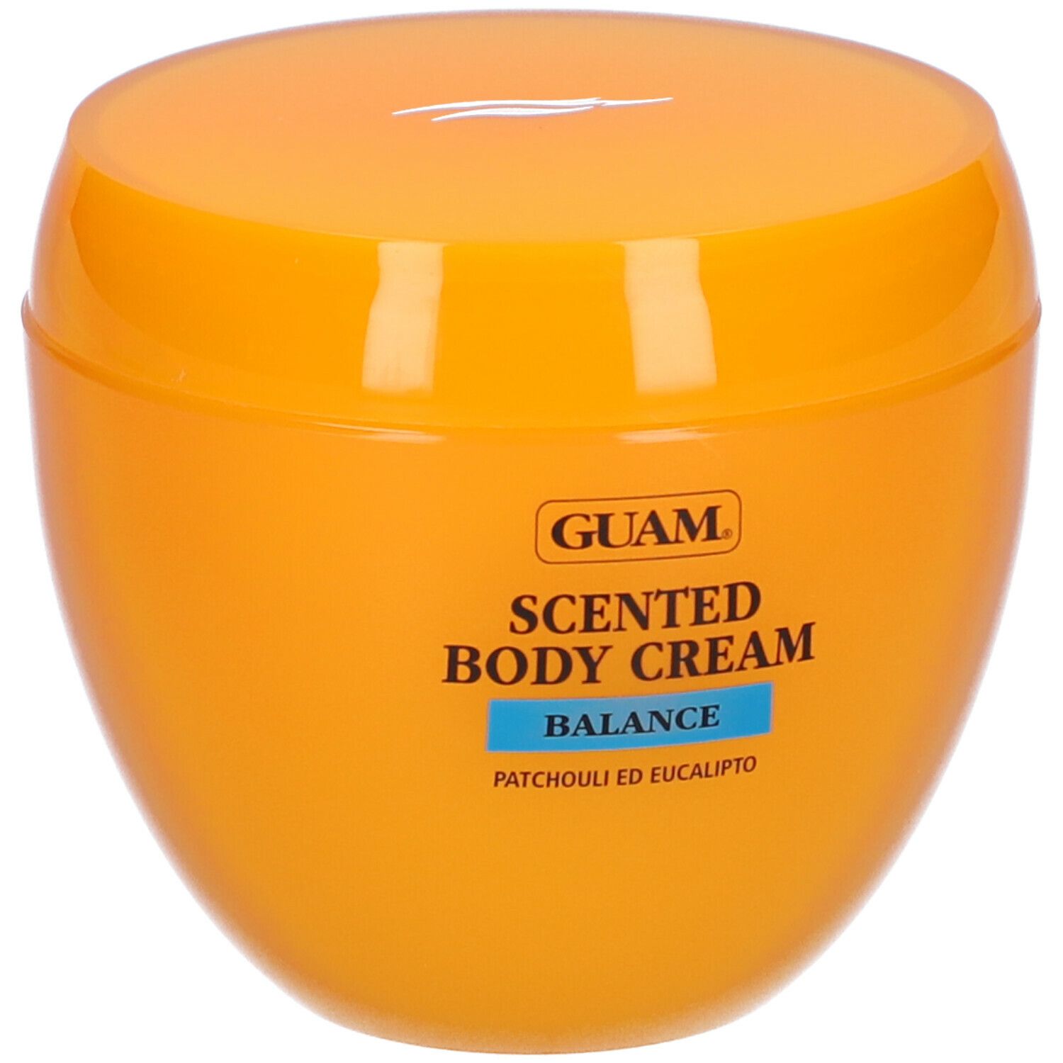 Vaso arancione con coperchio. Scritta: GUAM Scented Body Cream Balance. Patchouli ed Eucalipto.