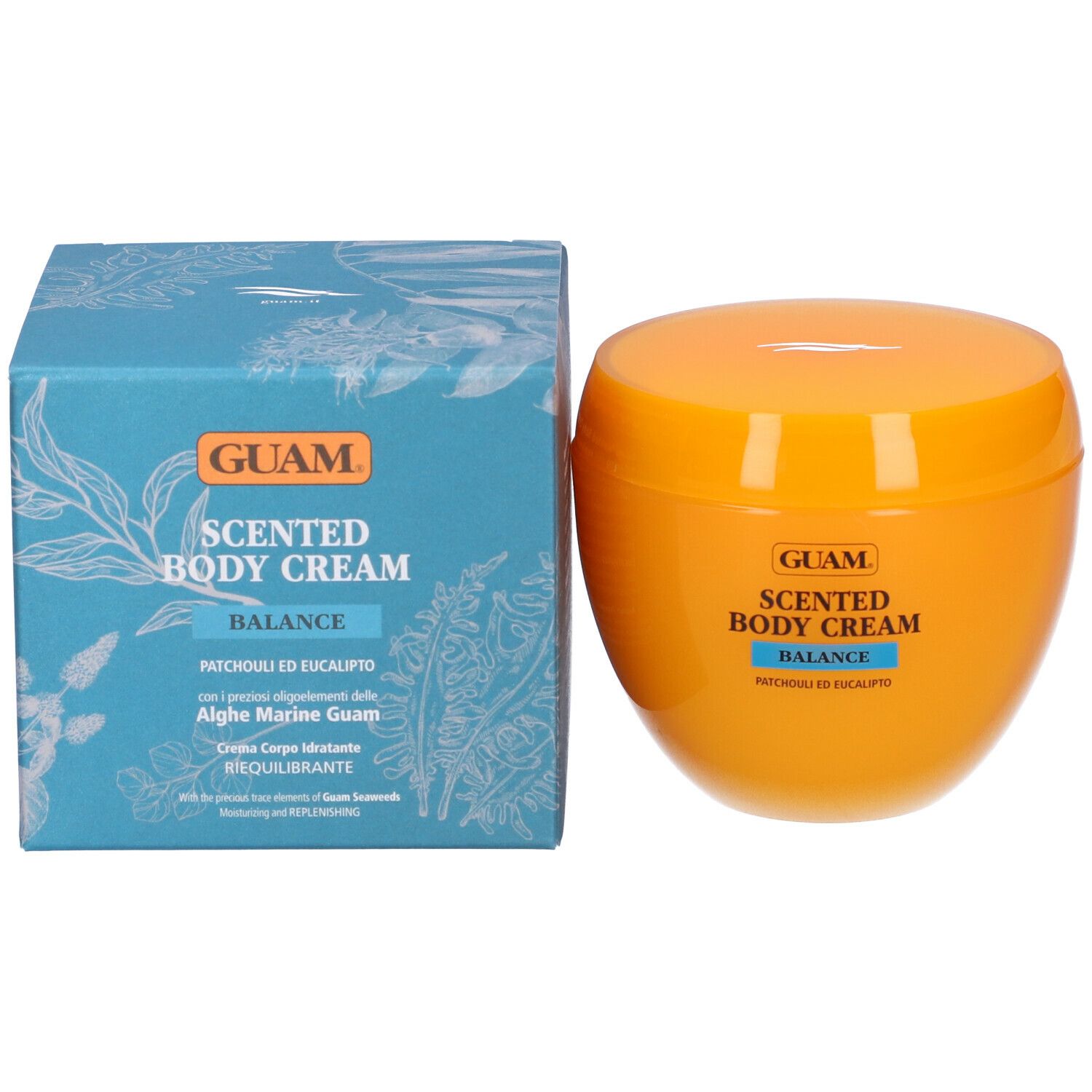Vaso arancione e scatola con stampa del prodotto. Scritta: GUAM Scented Body Cream Balance. Patchouli ed Eucalipto.
