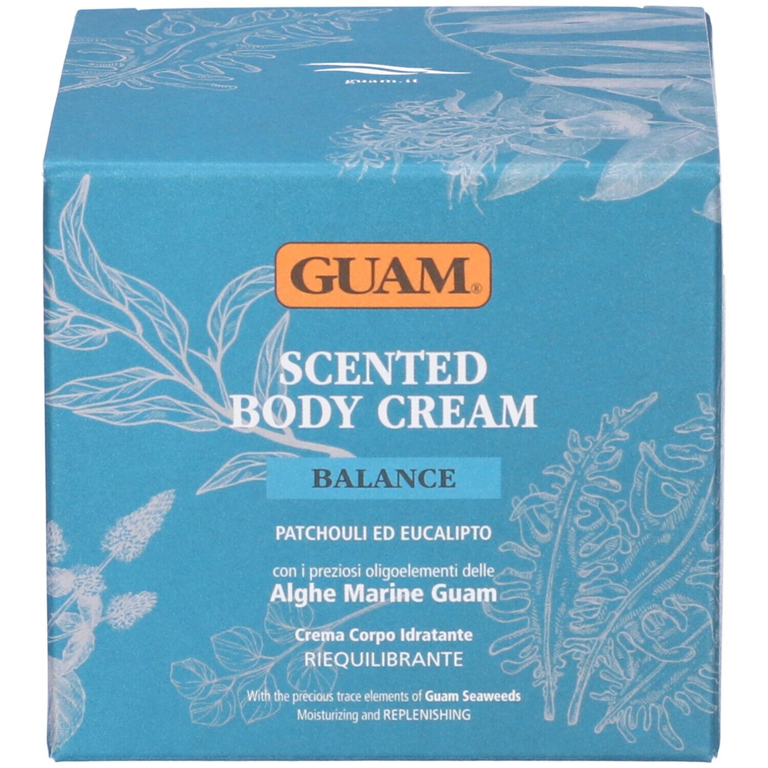 Scatola blu con stampa del prodotto. Scritta: GUAM Scented Body Cream Balance. Patchouli ed Eucalipto.