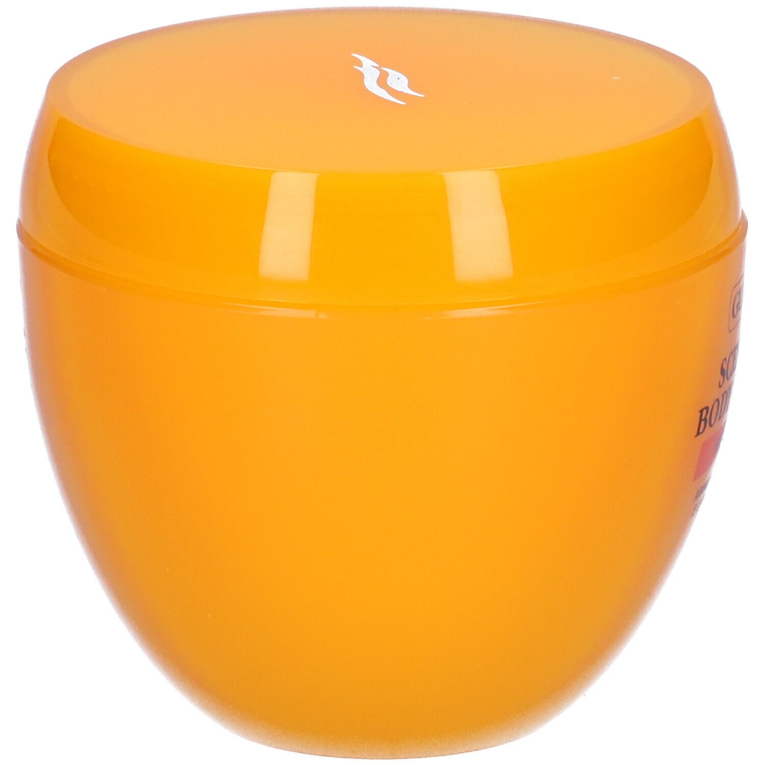 Vaso di crema arancione. Scritta: GUAM Scented Body Cream. Con mandarino e legno di cedro. Coperchio con logo.
