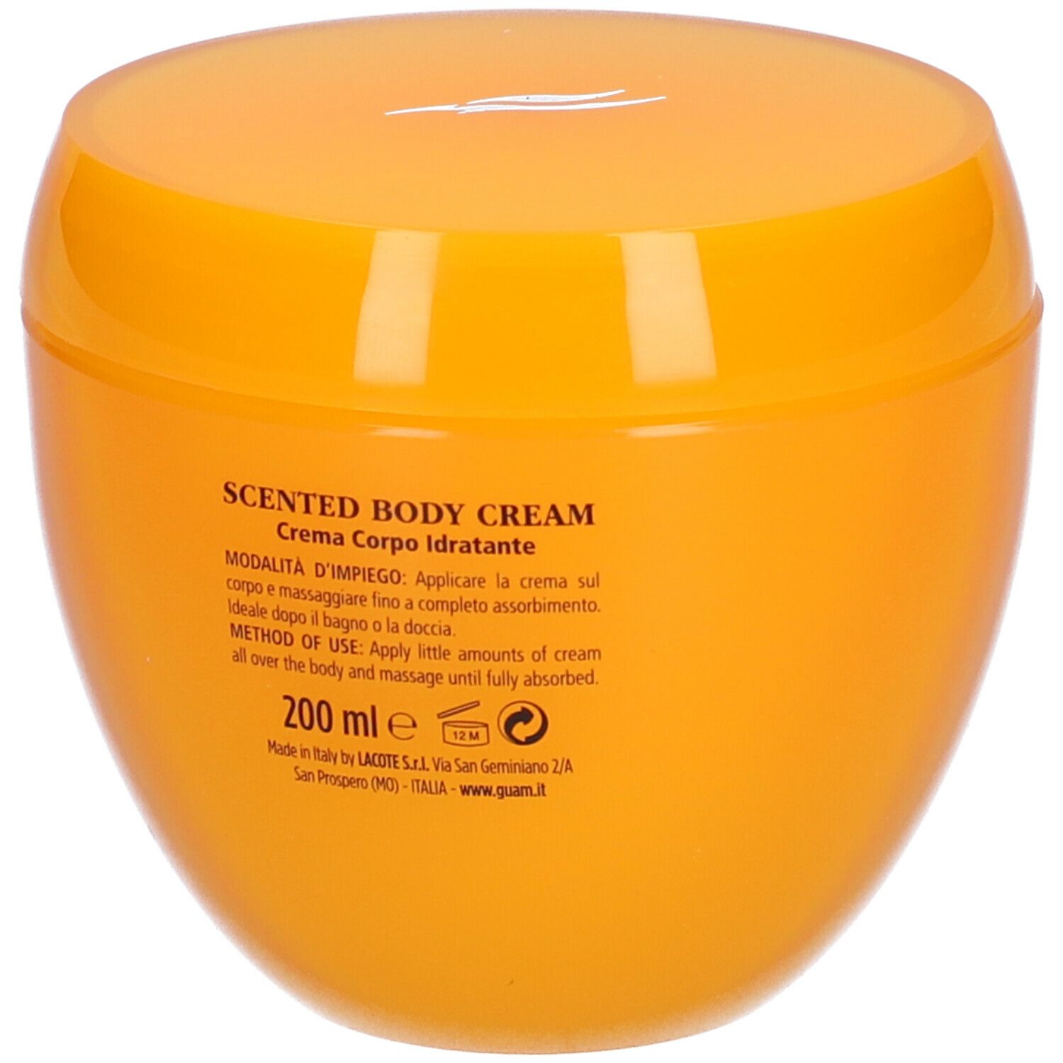 Vaso di crema arancione. Scritta: Scented Body Cream. Con istruzioni e ingredienti. 200 ml.