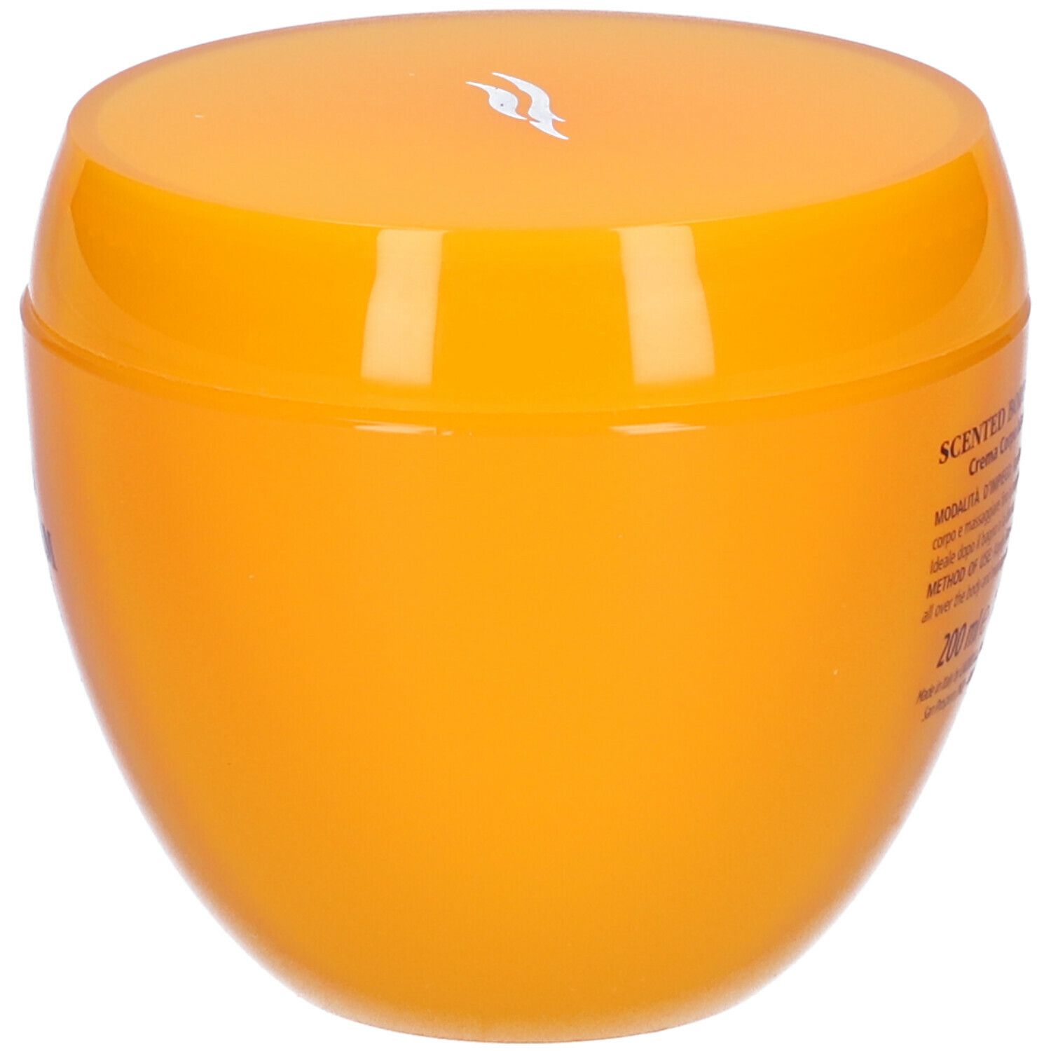 Vaso di crema arancione. Scritta: Scented Body Cream. Con istruzioni e ingredienti. 200 ml.