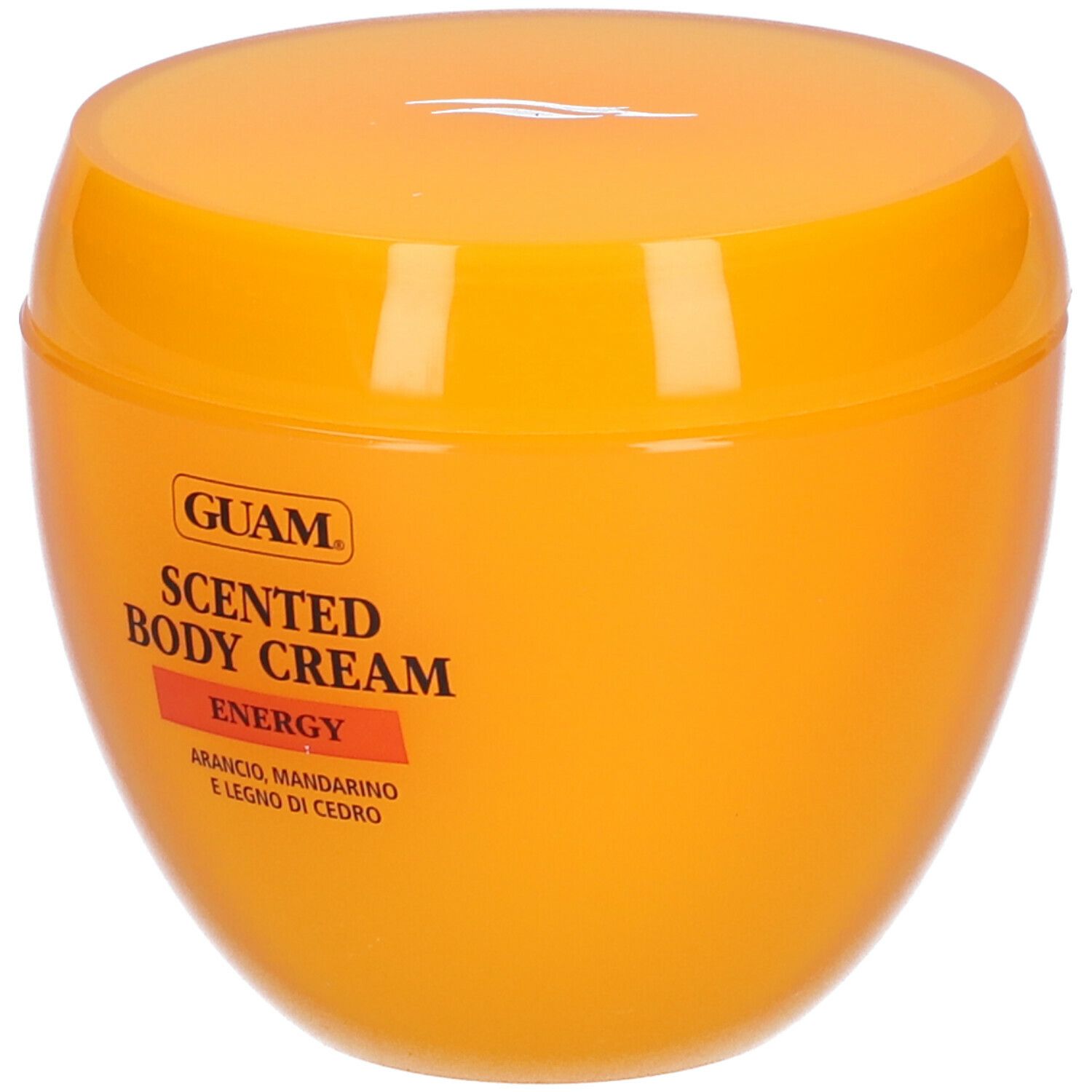 Vaso di crema arancione. Scritta: GUAM Scented Body Cream Energy. Con mandarino e legno di cedro.