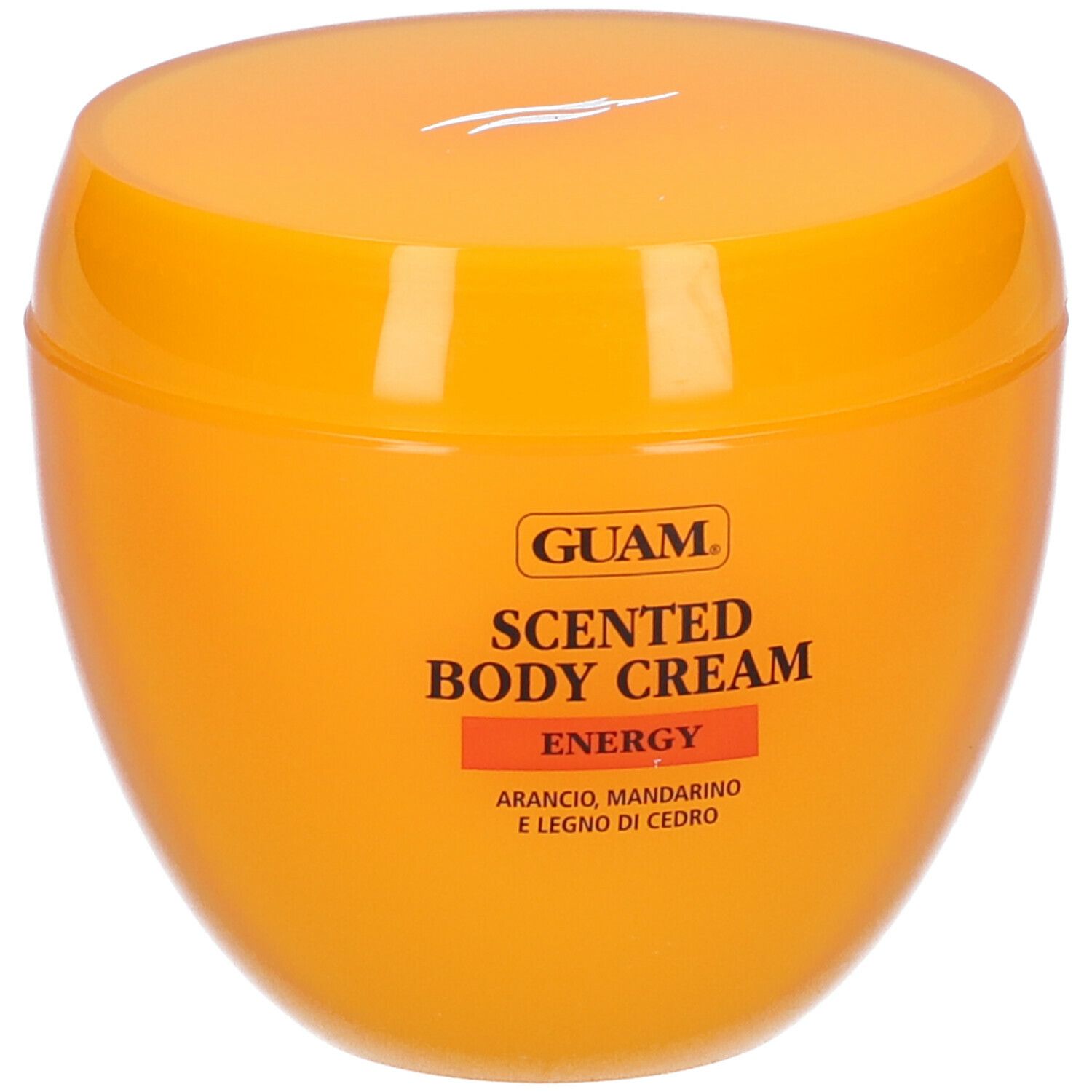Vaso di crema arancione. Scritta: GUAM Scented Body Cream Energy. Con mandarino e legno di cedro.
