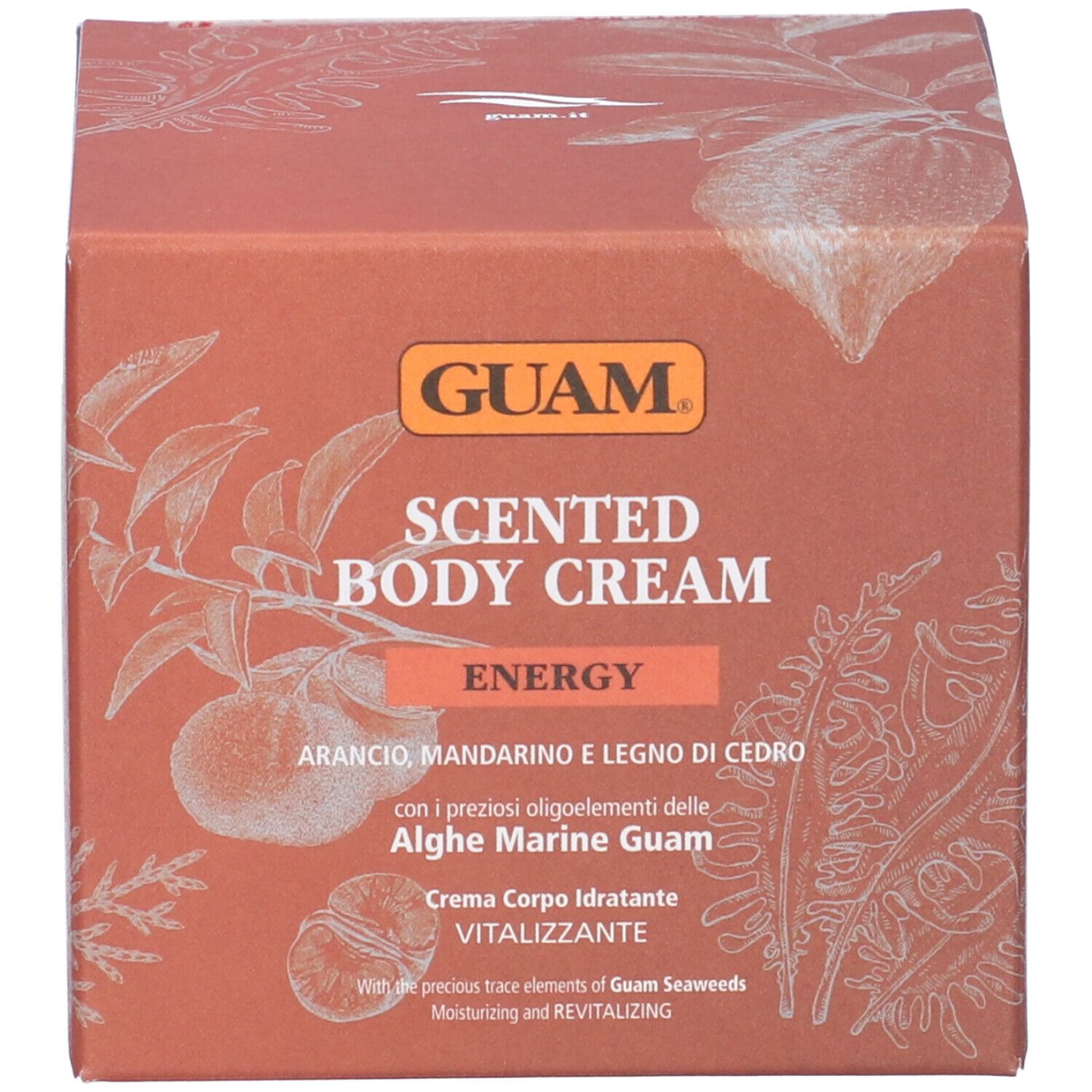 Confezione. Scritta: GUAM Scented Body Cream Energy. Con mandarino e legno di cedro. Con alghe.