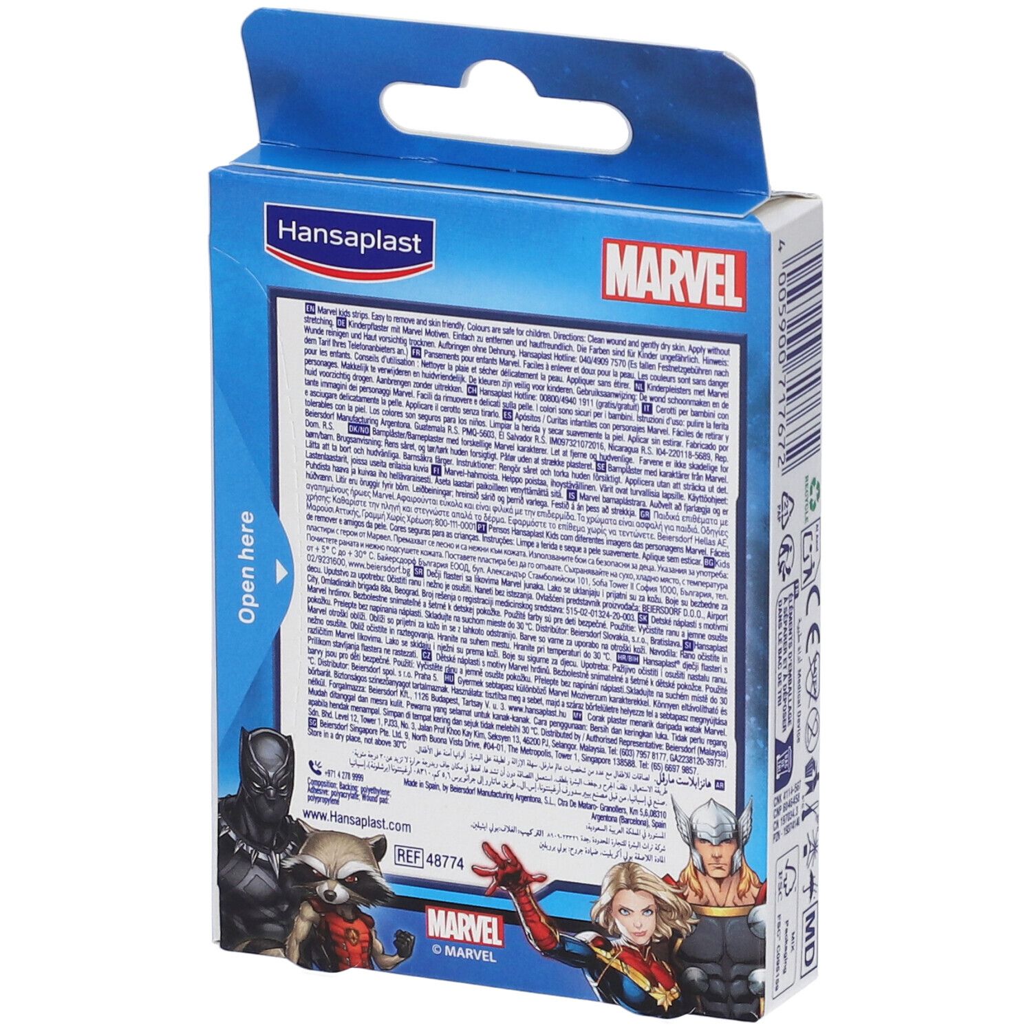 Hansaplast Kinderpflaster-Box, Rückseite mit Anwendungshinweisen und Marvel-Figuren.