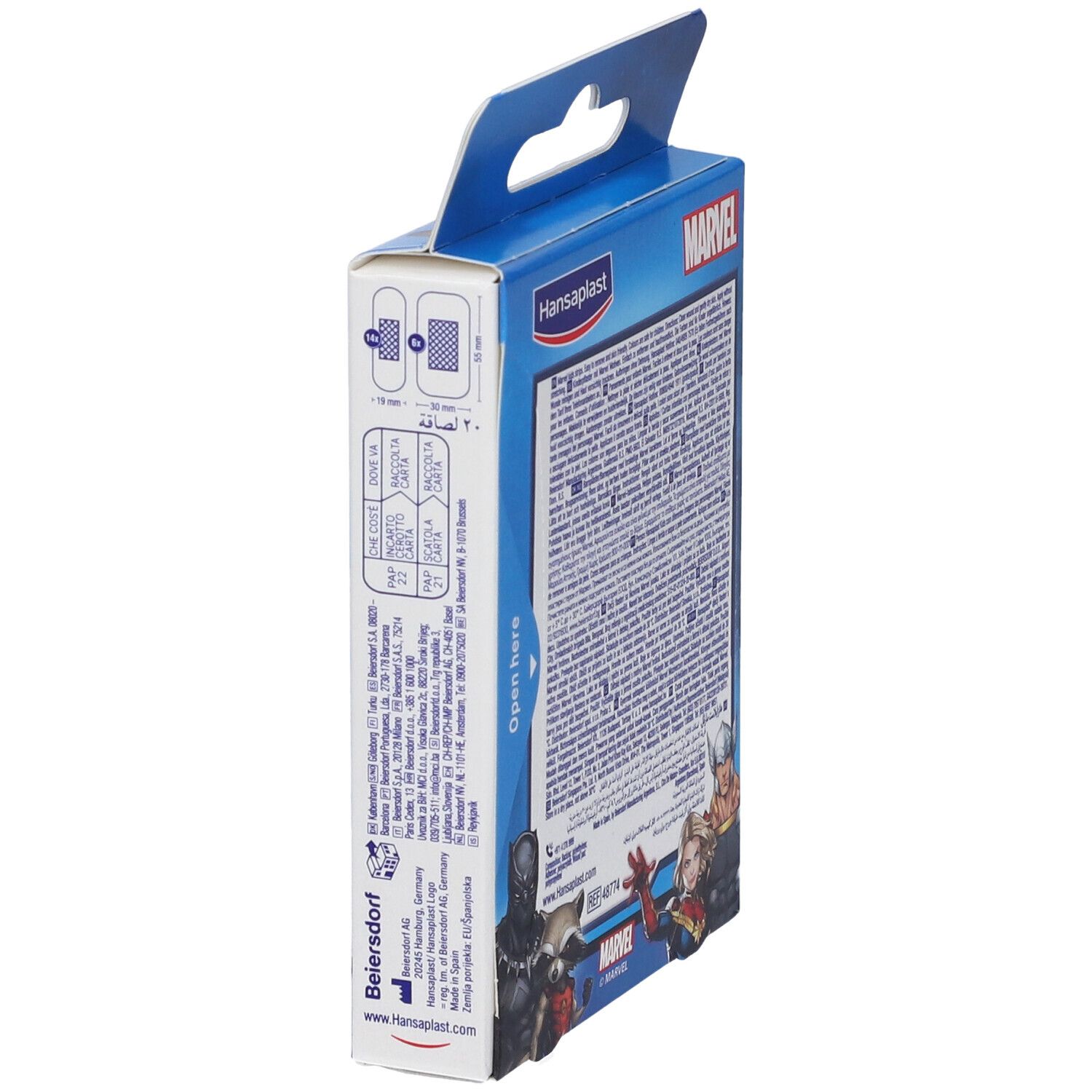 Hansaplast Kinderpflaster-Box, Seitenansicht mit Anwendungshinweisen.