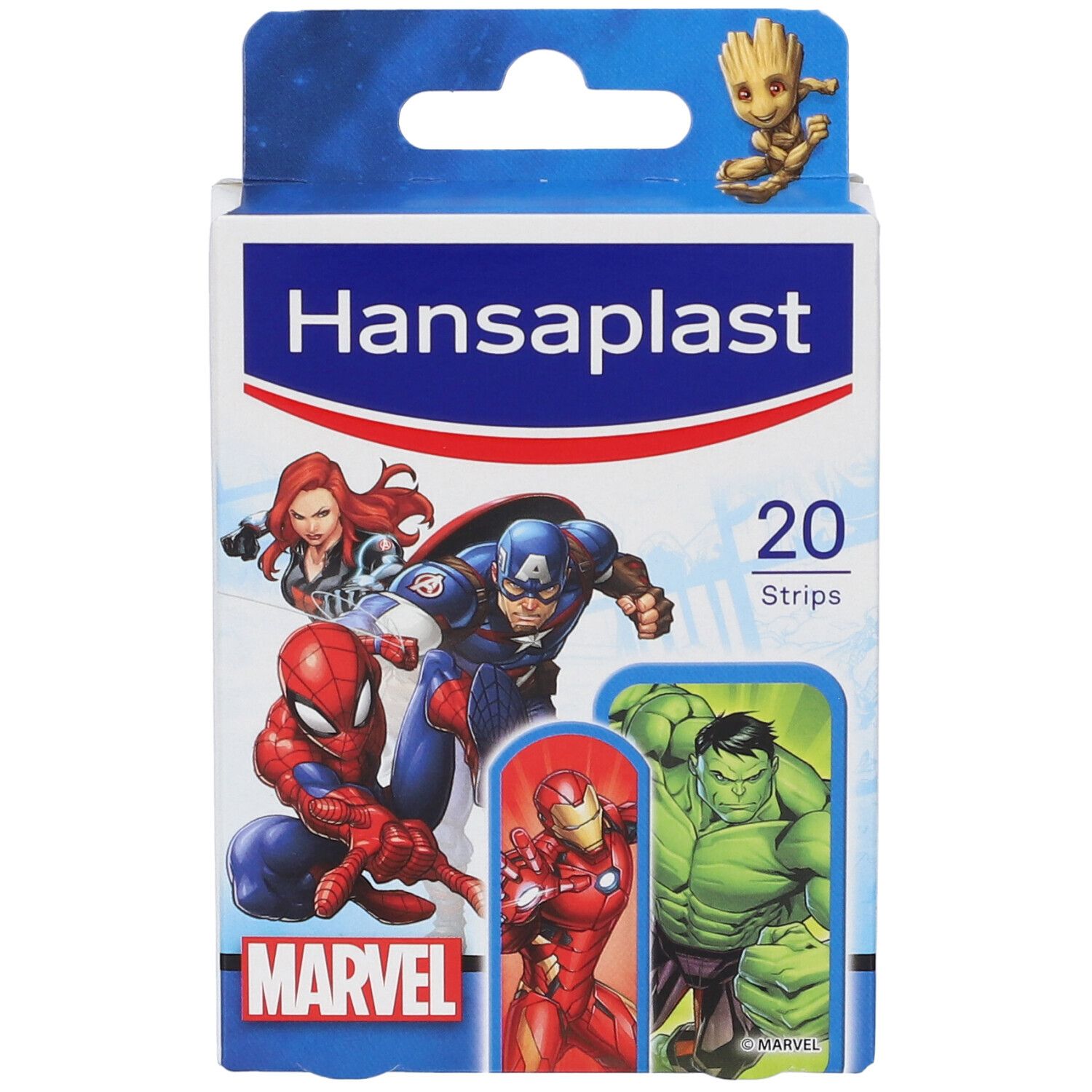 Hansaplast Kinderpflaster-Box mit Marvel-Motiven, 20 Stück.