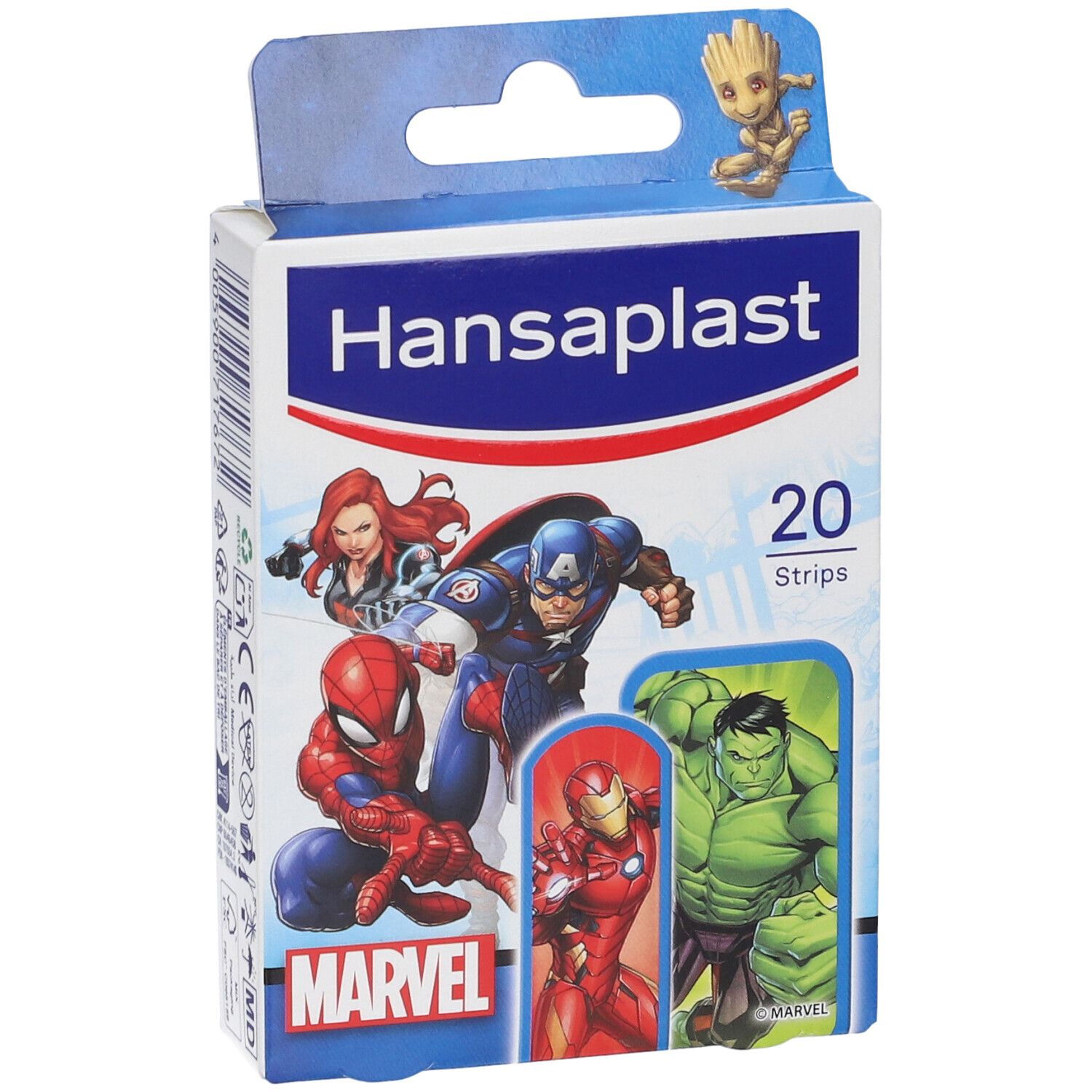 Hansaplast Kinderpflaster-Box mit Marvel-Motiven, 20 Stück.