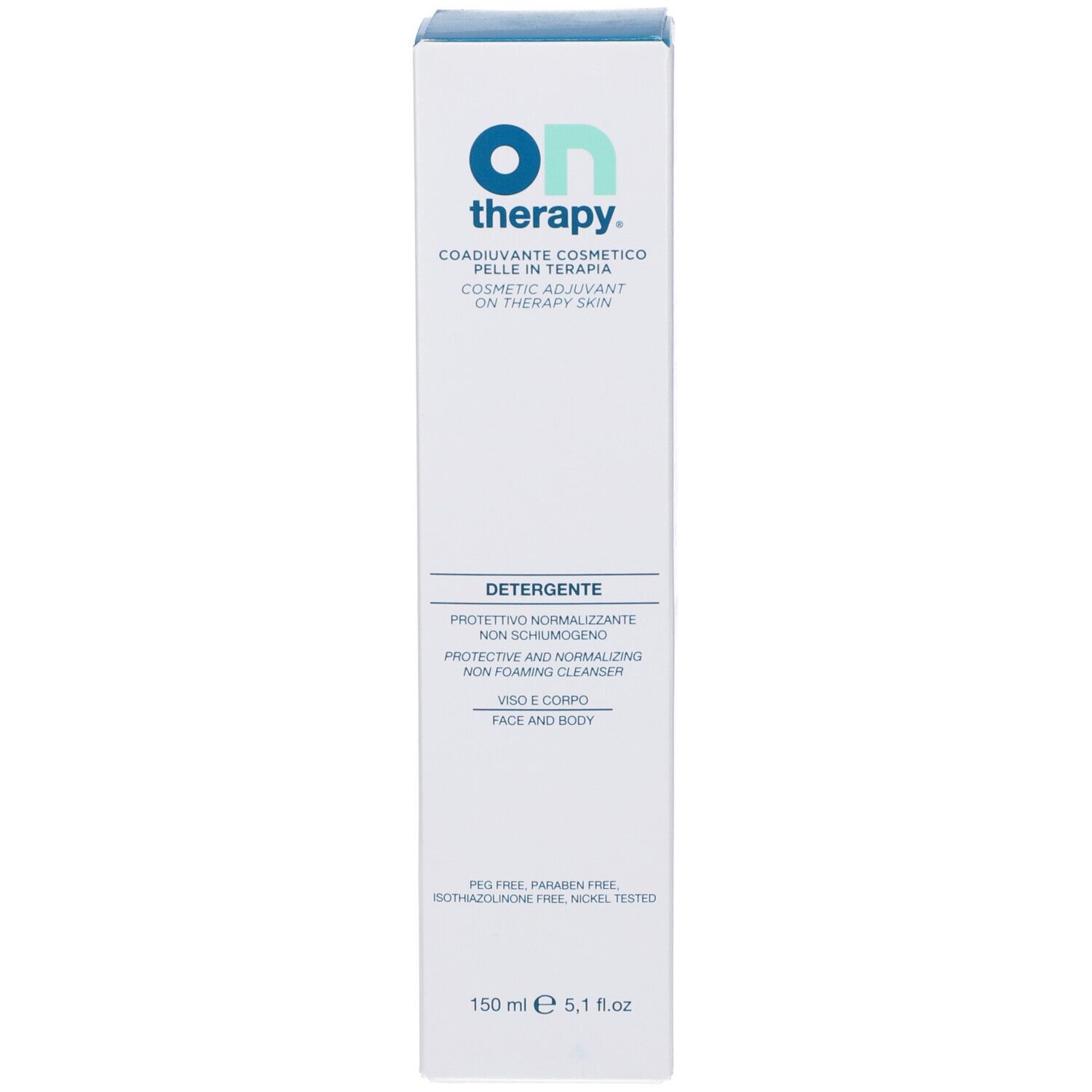 Eine weiße Schachtel mit dem Aufdruck "on therapy.", ein Gesichtsreiniger.