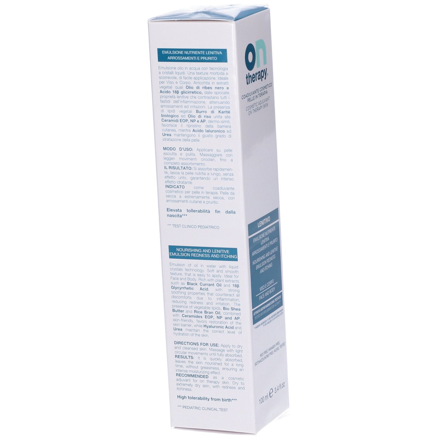 Ontherapy-Verpackung, weiß mit blauem Akzent. Text: Lenitivo, Emulsion, Inhaltsstoffe, 100 ml.