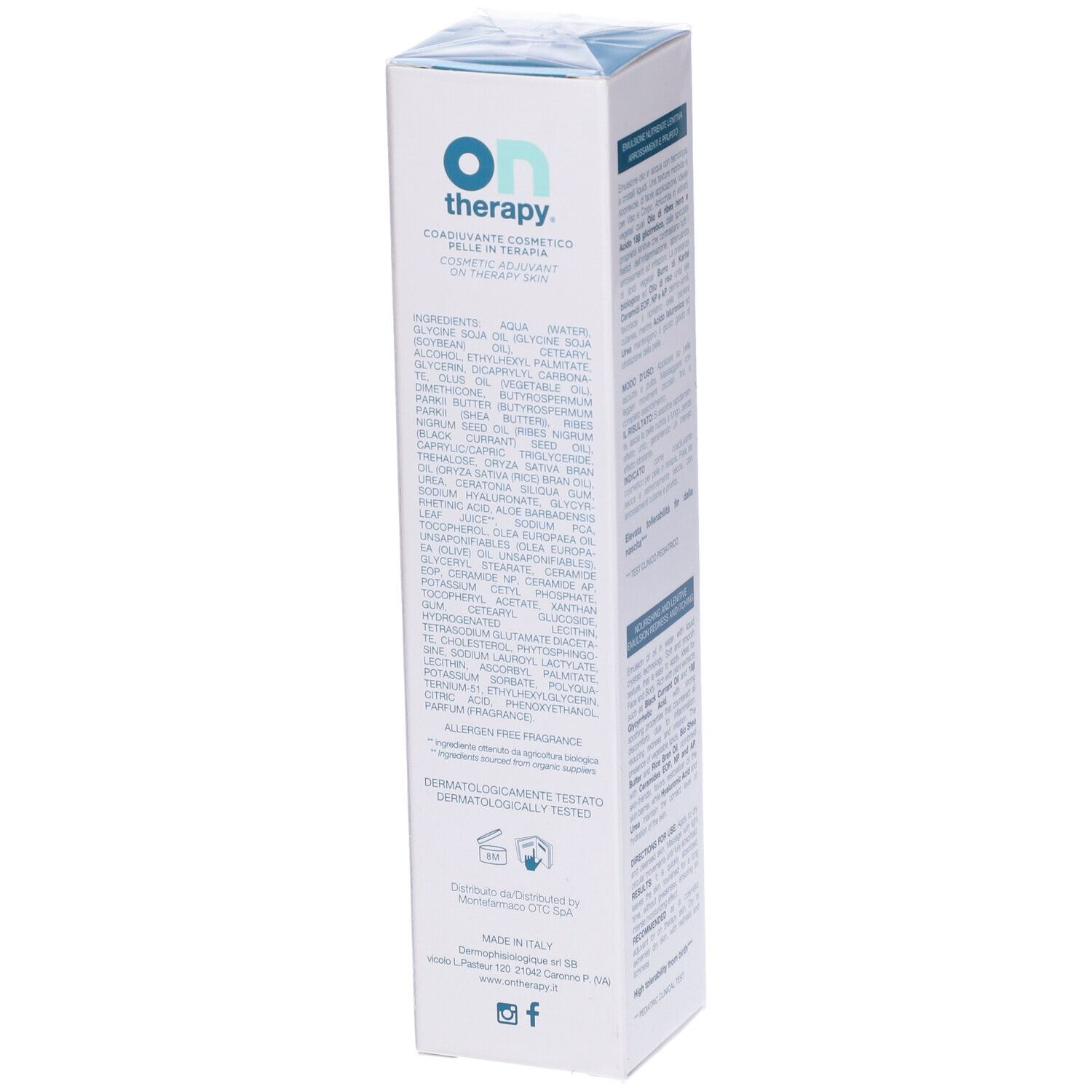 Ontherapy-Verpackung, weiß mit blauem Akzent. Text: Inhaltsstoffe, dermatologisch getestet, 100 ml.