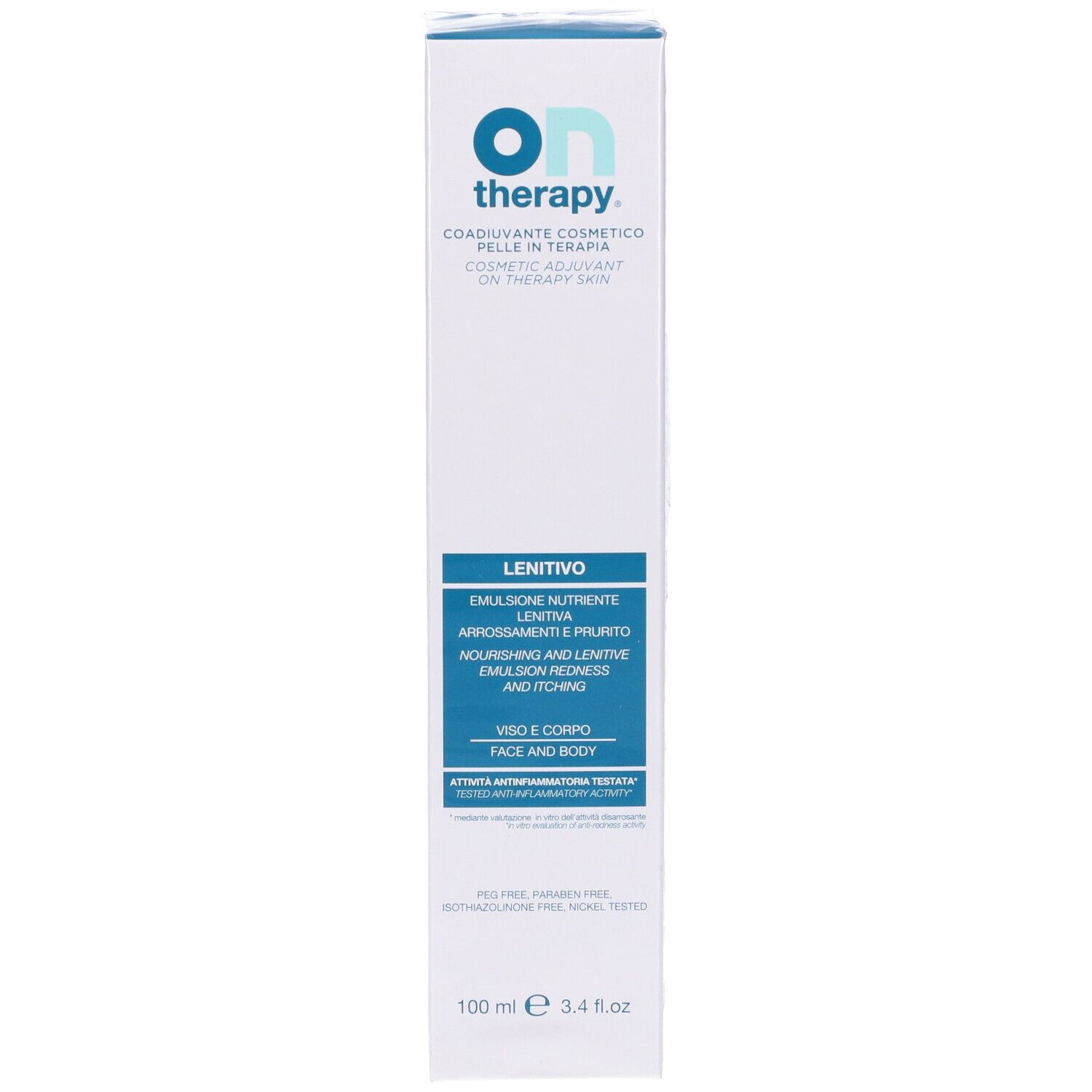 Ontherapy-Verpackung, weiß mit blauem Akzent. Text: Lenitivo, Emulsion, 100 ml. Logo: Ontherapy.