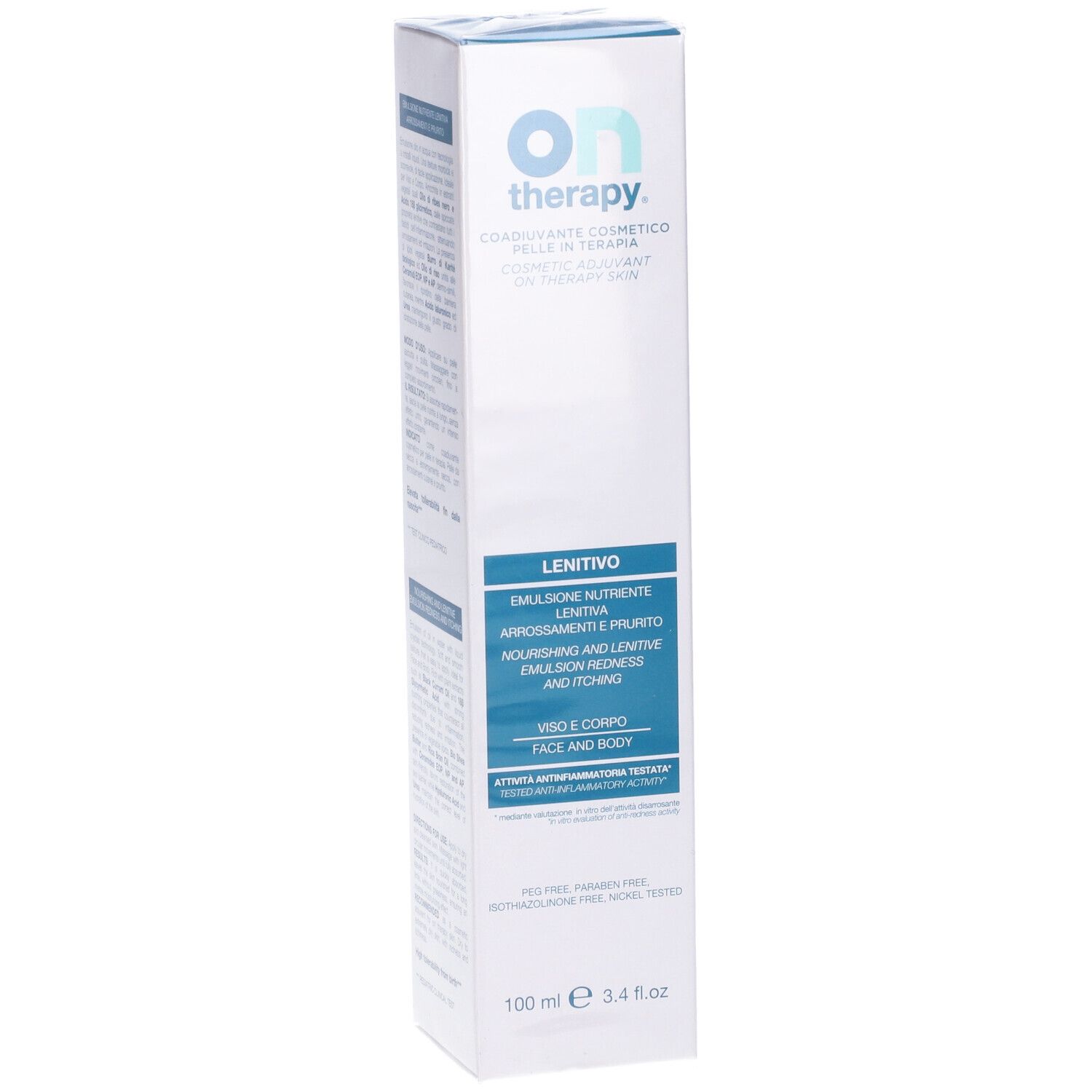 Ontherapy-Verpackung, weiß mit blauem Akzent. Text: Lenitivo, Emulsion, 100 ml. Logo: Ontherapy.