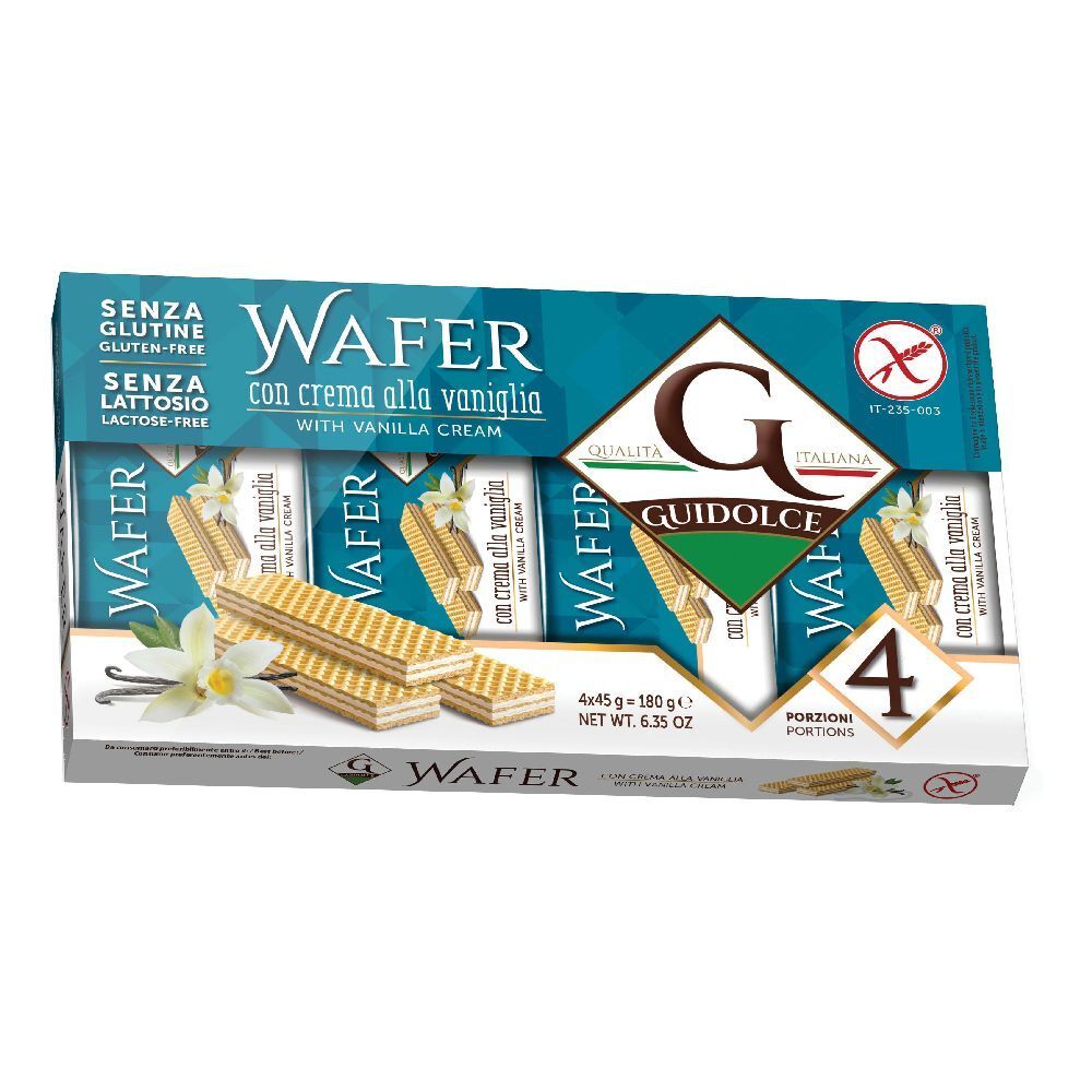 Confezione di wafer. Scritta: Wafer con crema alla vaniglia. Senza glutine e senza lattosio. Marchio Guidolce.